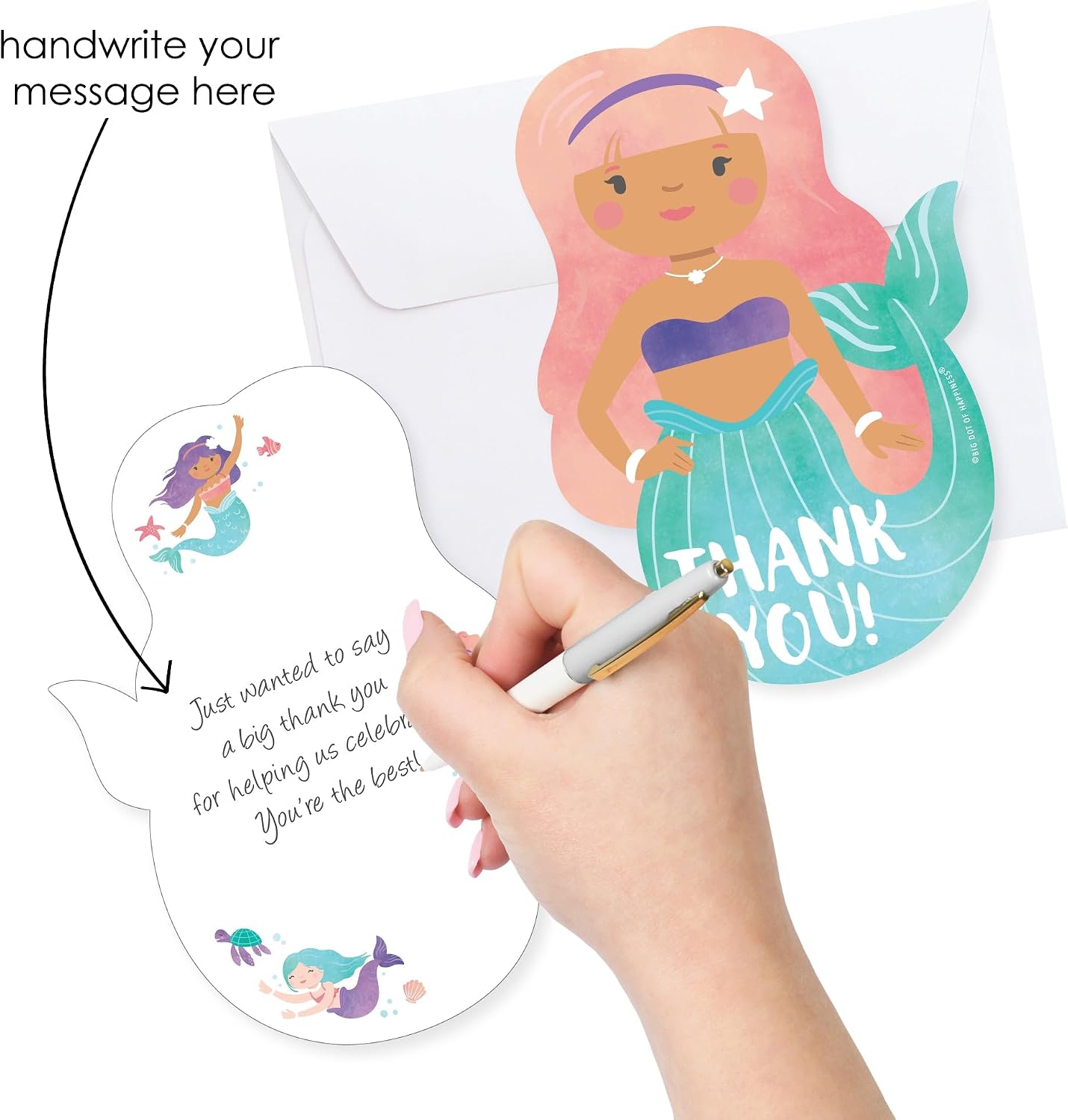 Big Dot of Happiness Mermaid Thank You Cards with Envelopes (Skin Tone 2), Flat Mermaid Birthday Party Blank Thank You Note Cards for Girls - Set of 12