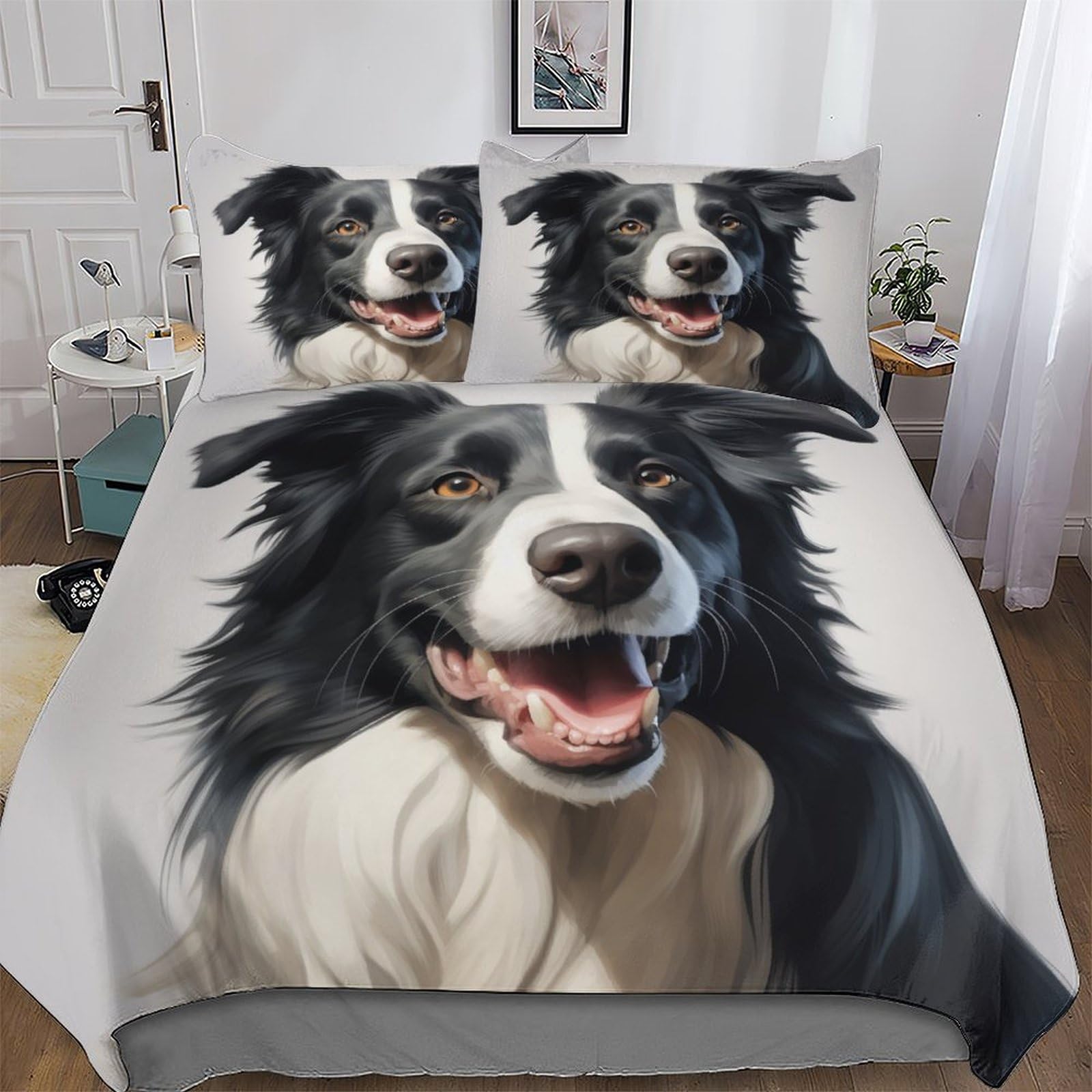 Pazzk Girls Border Collie Bedding Set For Boys Adults Comforter Cover Soft Duvet Cover Room Decor Bedspread Cover 3 Pcs Set Hypoallergenic Microfiber Poly Cotton Quilt Cover King (220X240cm)