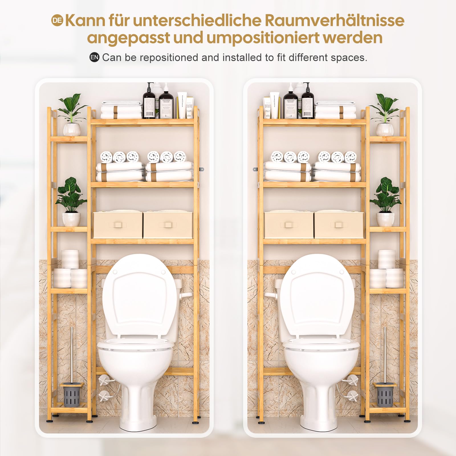 Yorbay Estantería para inodoro con 2 cestas, estantería de baño de bambú, 3 niveles ajustable, con almohadilla impermeable para los pies, multifuncional, ahorra espacio, fácil montaje (natural)