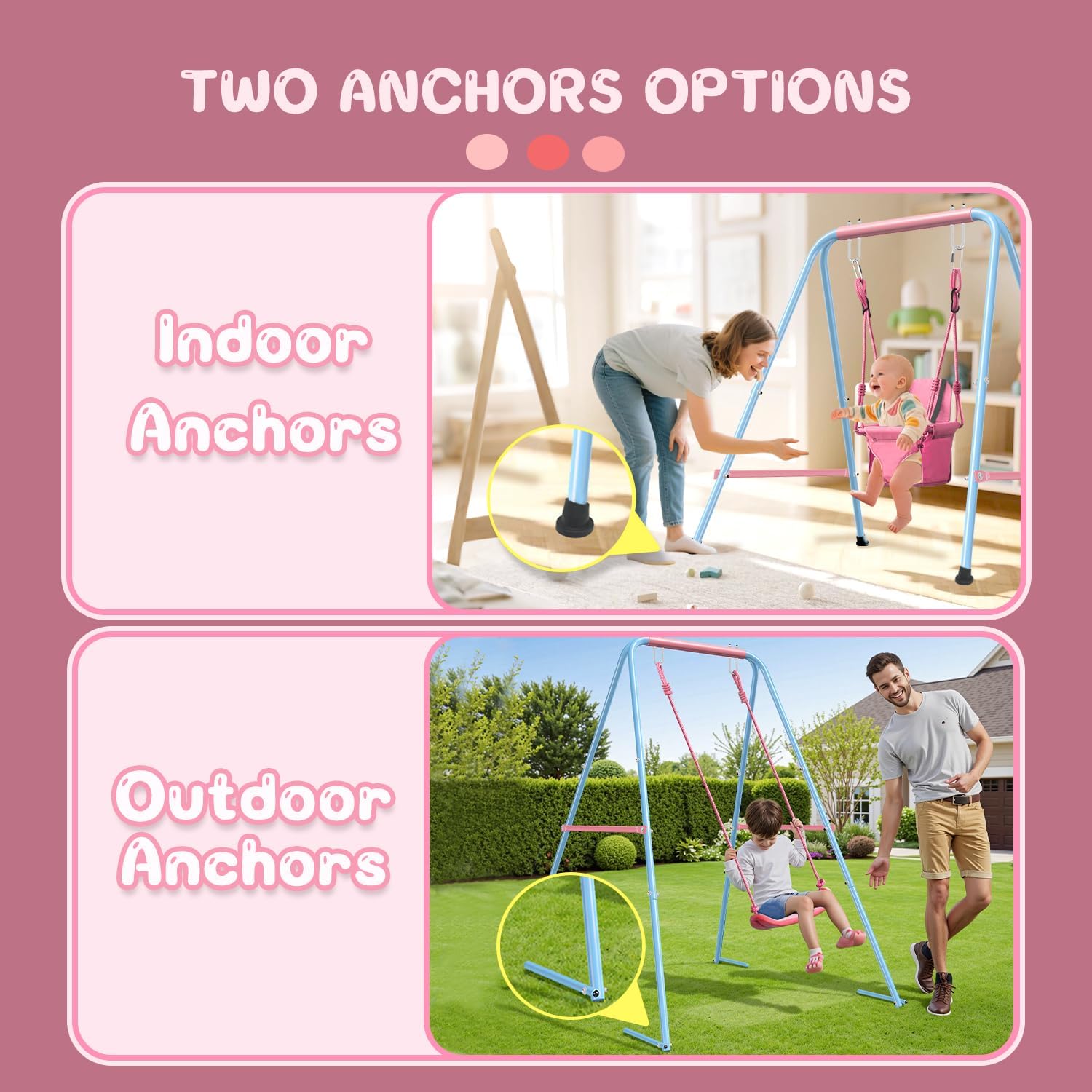 2-in-1 Toddler Swing Set with Foldable Stand, Baby Swingset with 2 Types of Anchors for Indoor & Outdoor, 1 Belt & 1 Soft Swing Seat with Safety Harness & Height Adjuster for 6 Months and Older Kids