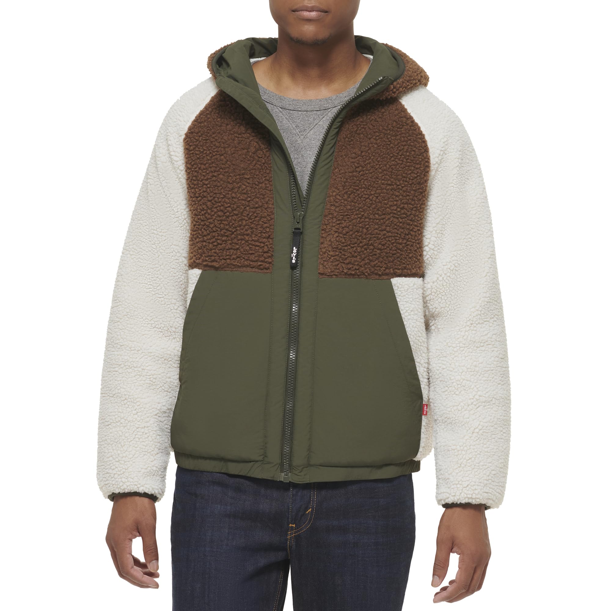 Levi's Men's Mixed Media Color Block Sherpa Hoody, Brown, L