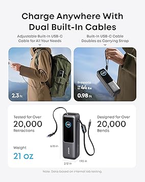 Anker Laptop Power Bank,25,000mAh Portable Charger with 165W Total Output,3 USB-C Ports (100W Max Each),Built-in Retractable Cables,Flight-Ready,for iPhone 17/16 Series,MacBook,Samsung,and More
