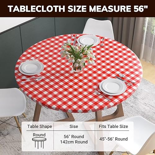Miniatura 5 de Velway Mantel ajustable de vinilo con borde elástico, funda de mesa redonda impermeable con reverso de franela, mantel rojo a cuadros para