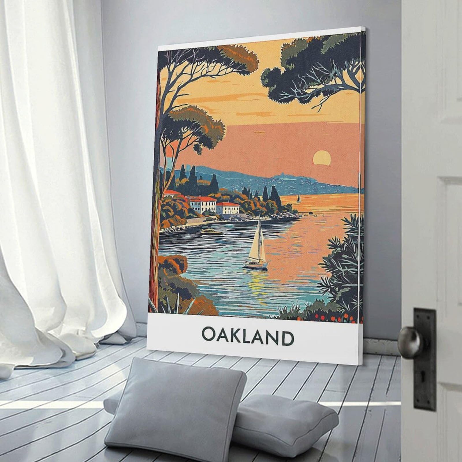 Junmoney Oakland Sunset Seascape Hanging Wall Art, 20x30inch(50x75cm), for Entryway, Lounge Links Or Small Walls, Home Artwork for First Impressions