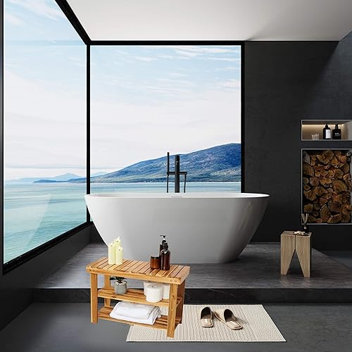 Miniatura 4 de Taburete de madera para spa, sauna, ducha, baño, zapatero de madera natural, estantes de almacenamiento de 3 niveles, organizador de zapatos, bancos