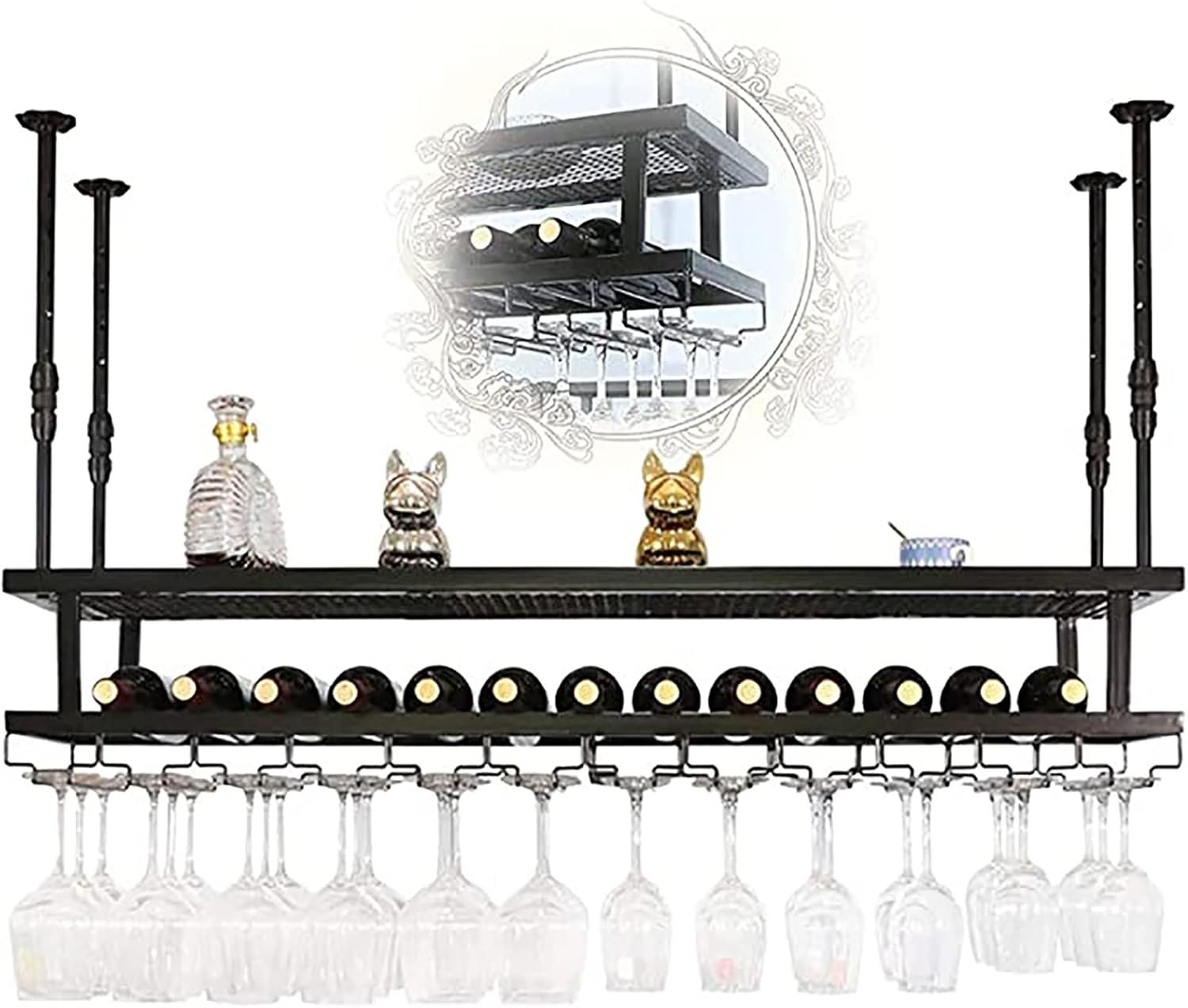 Ceiling Wine Glass Rack Vintage Ceiling Iron Wine Rack,Adjustable Height and Width,Goblet Stemware Holder,Cup Holder,for Bars Restaurants and Kitchens,Black