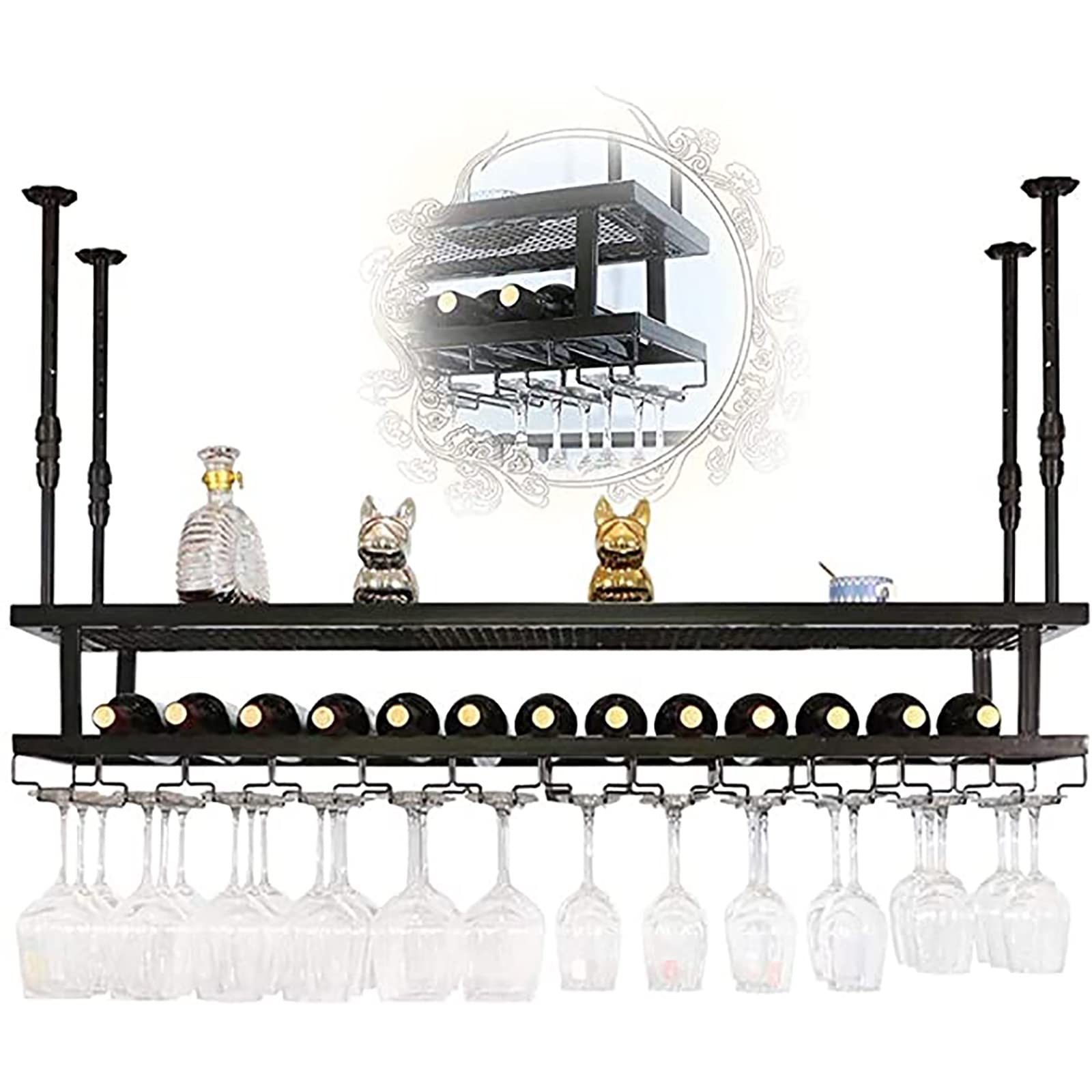 Casier à vin en fer de plafond vintage noir de 60 cm réglable