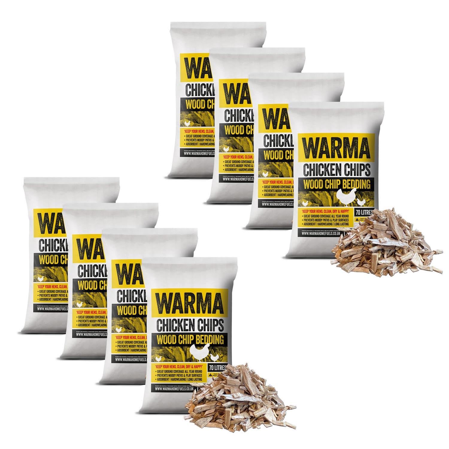 Warma 560L Premium Chicken Wood Chips Hardwood Chippings - Poultry Bedding Coops Hens Run Animal Pens Garden Boarders Path Walkways Ground Covering - 8 x 70Ltr Bags