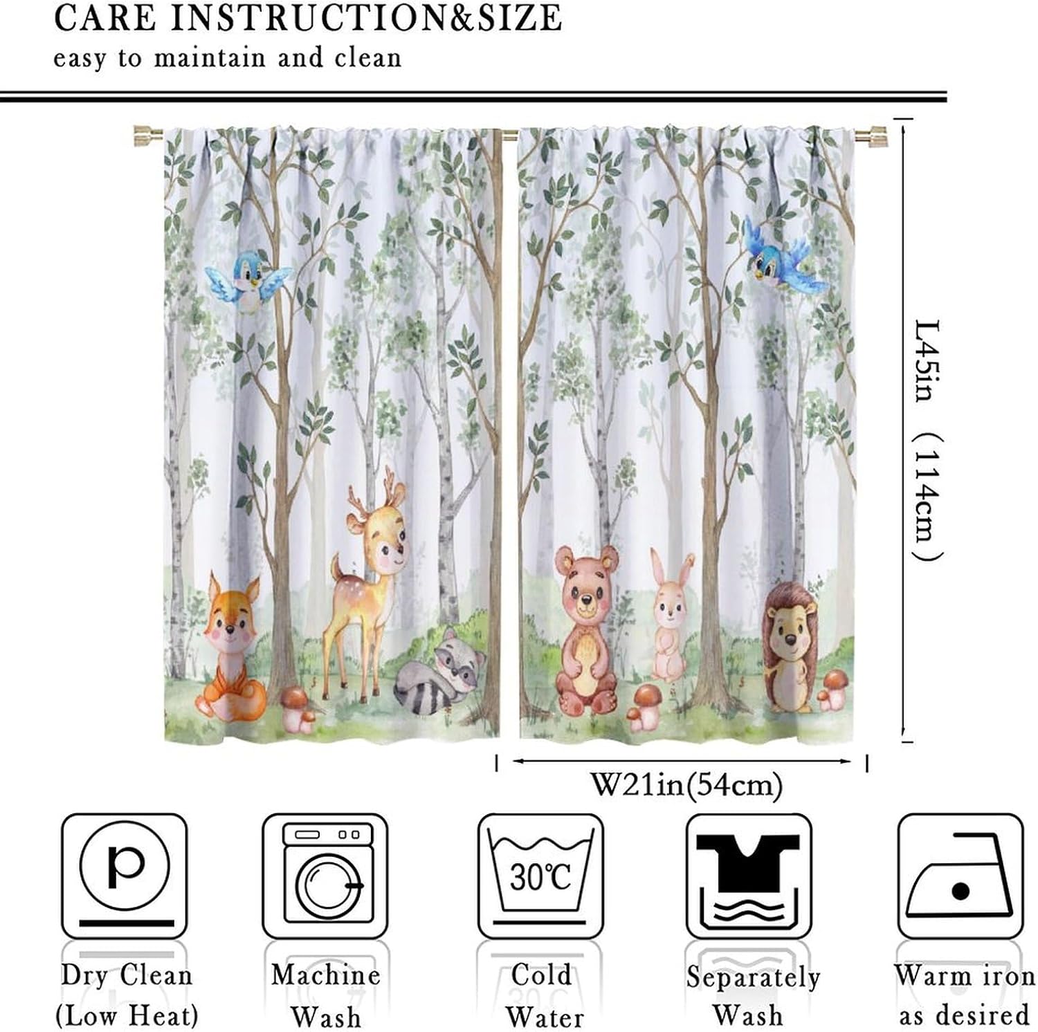 Kids Forest Animal Curtains,Each Panel W21 x 45" L,Cartoon Deer Bear Wild Animal Curtains for Nursery Boys Girls Bedroom Living Room Window Drapes 2 Panel Set,Total Size 42" x 45"