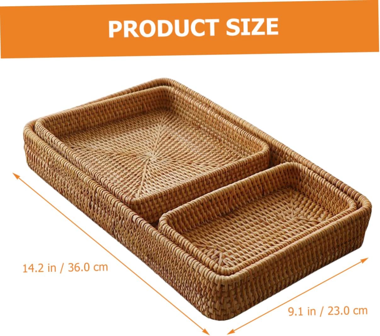 3-Piece Rattan Storage Basket Set Natural Woven Food Container for Snacks and Pastries Portable Rattan Tray for Living Room Organization