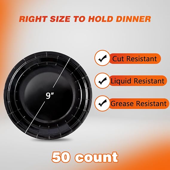Black Disposable Paper Plates, 9 Inch Dinner Party Plates, 50 Count Bulk