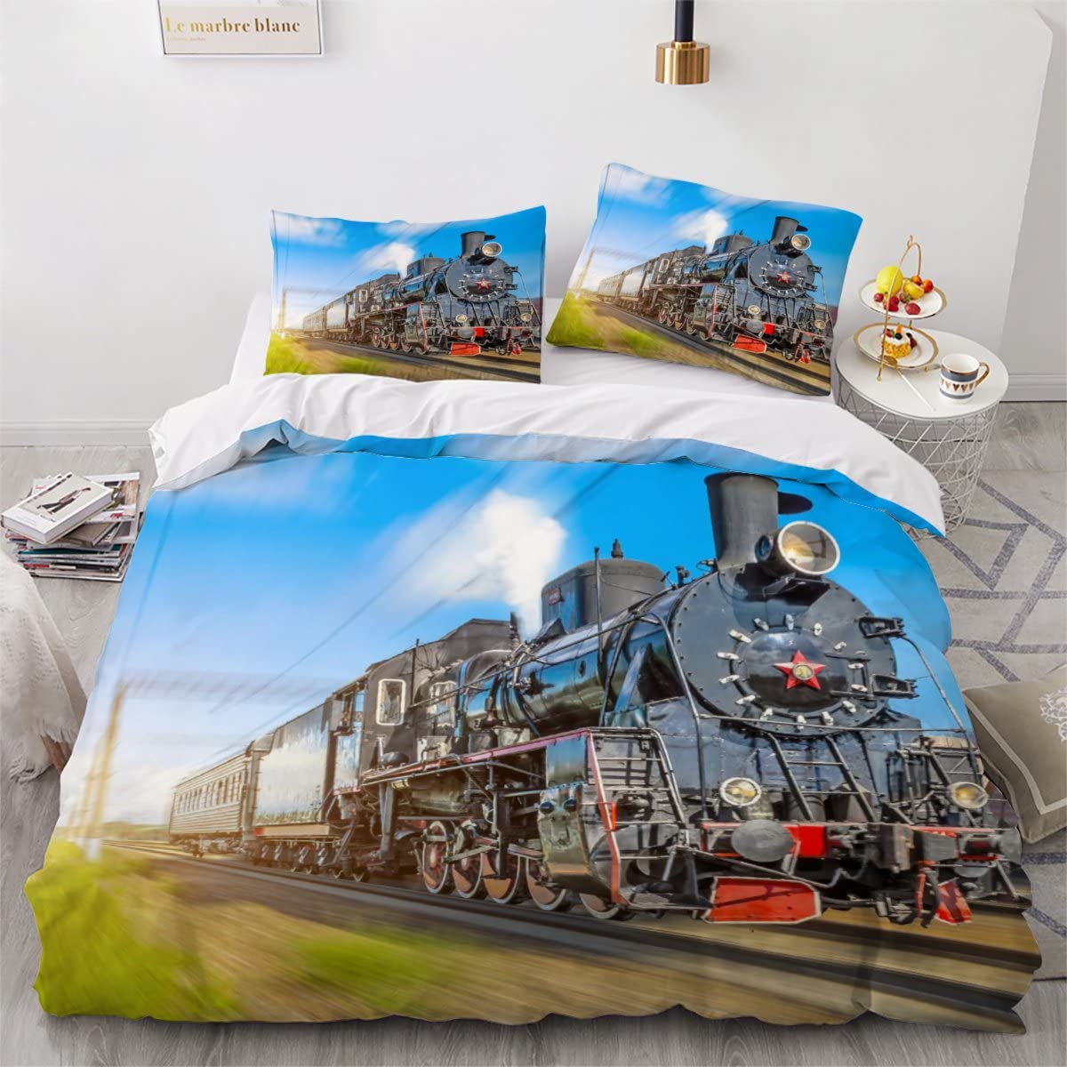 Duvet Cover double Soviet Steam Train 3d Printed Colorful Quilt Cover with Zipper Closure and Pillowcase Retro Locomotive Bedspread Cover Ultra Soft Microfiber Bedding Set for Children Adult