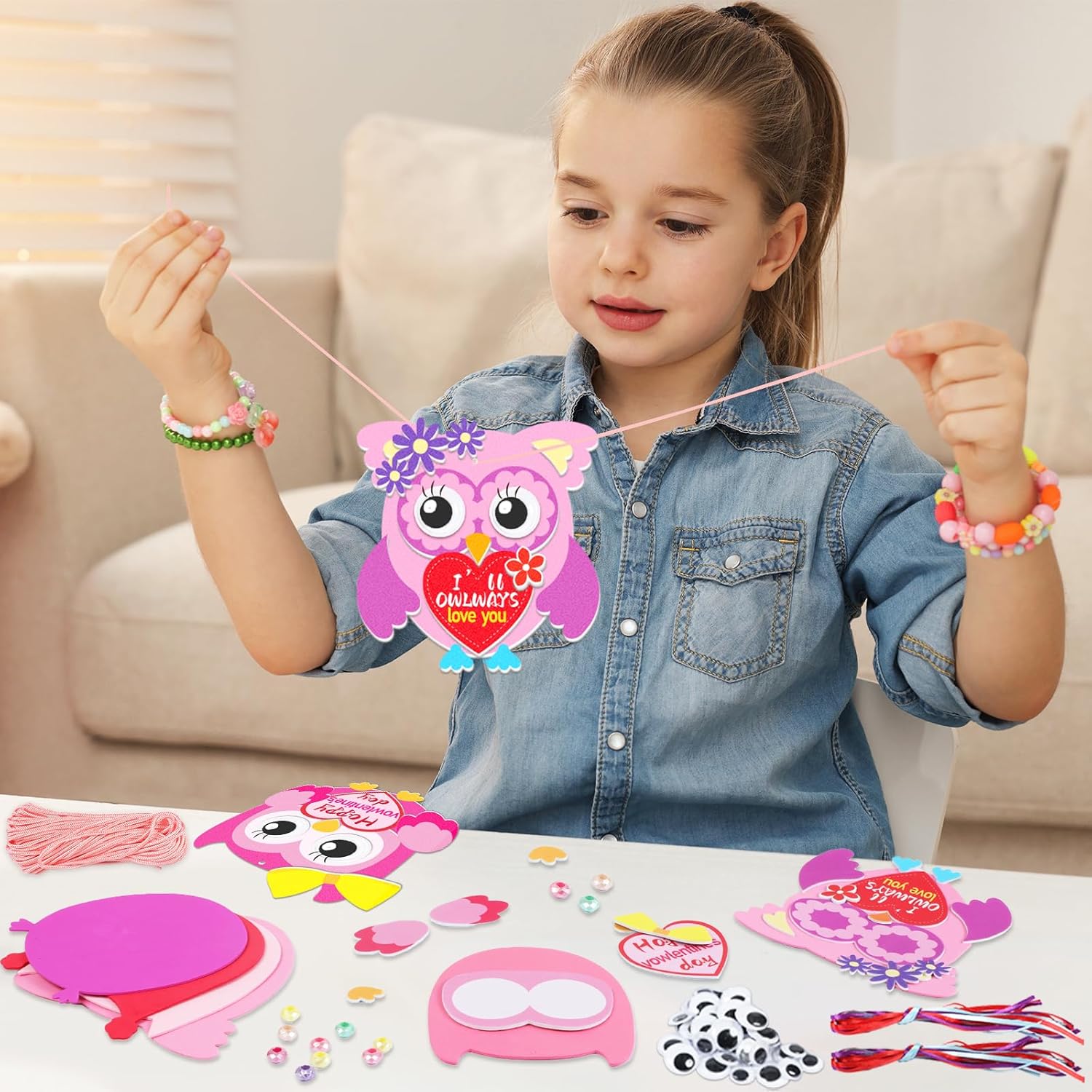 401pcs Valentine's Day Foam Owl Crafts Kit DIY Ornaments Necklaces Kits for Kids,Owl Heart Stickers Valentines Decoration Art Sets Valentines Classroom Activities-No Googly Eyes,Make 12 Sets