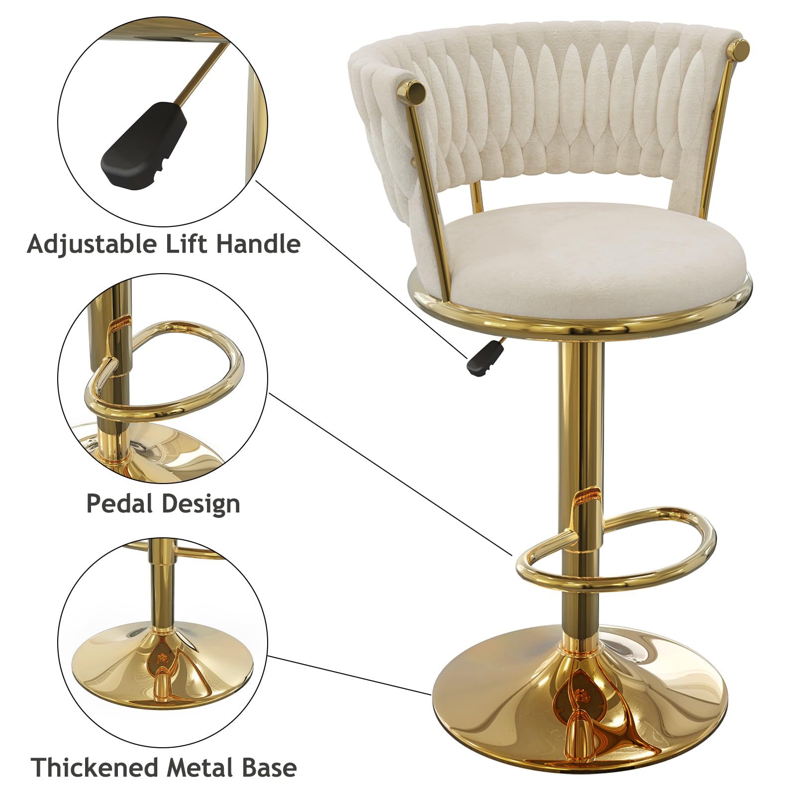 Estilo Real Taburetes de Bar Elegante Silla de Bar de Terciopelo Taburete para mostrador Elevable Taburete de Cocina Giratorio para Cocina, Bar, mostrador, Bar en casa, Dorado