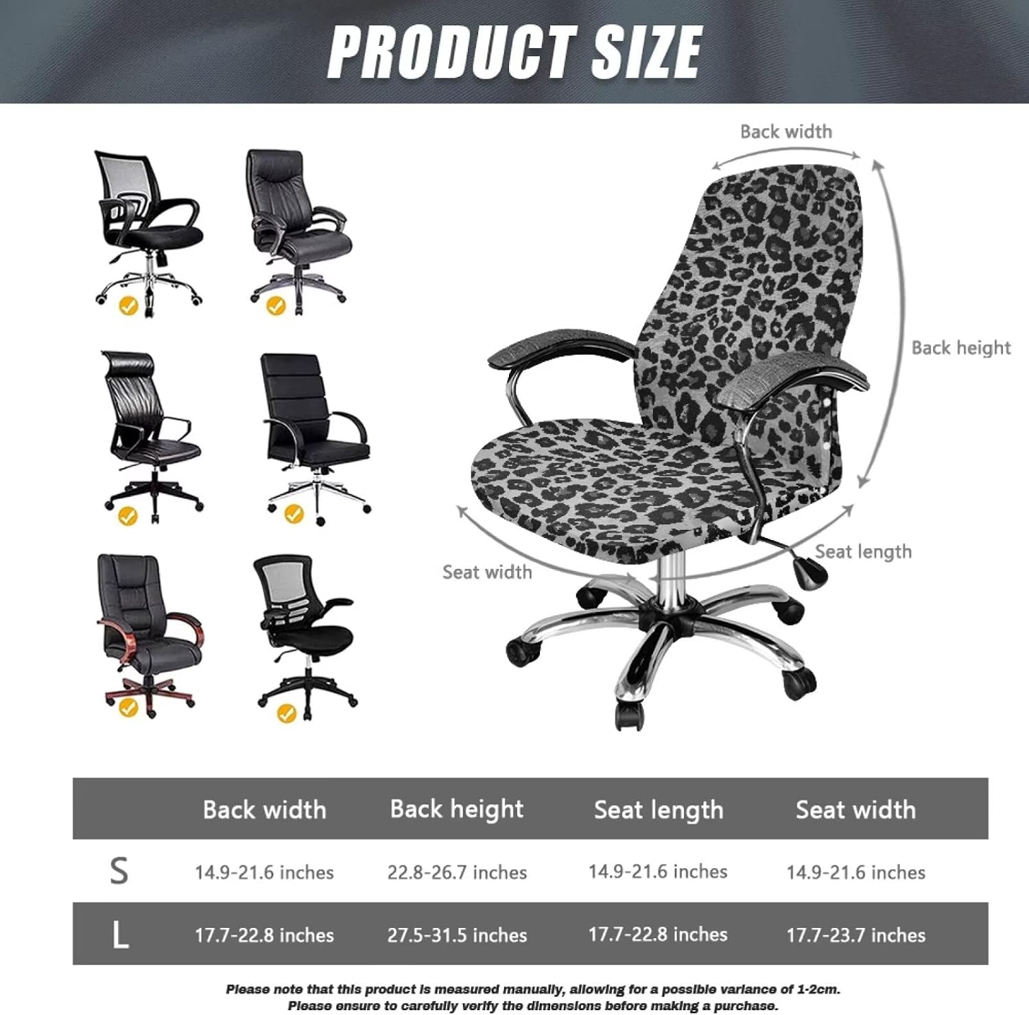 Grey Leopard Print Office Chair Cover, Removable Office Chair Seat Covers Breathable Rotating Chair Slipcovers Water Resistant High Back Computer Chair Cover-S