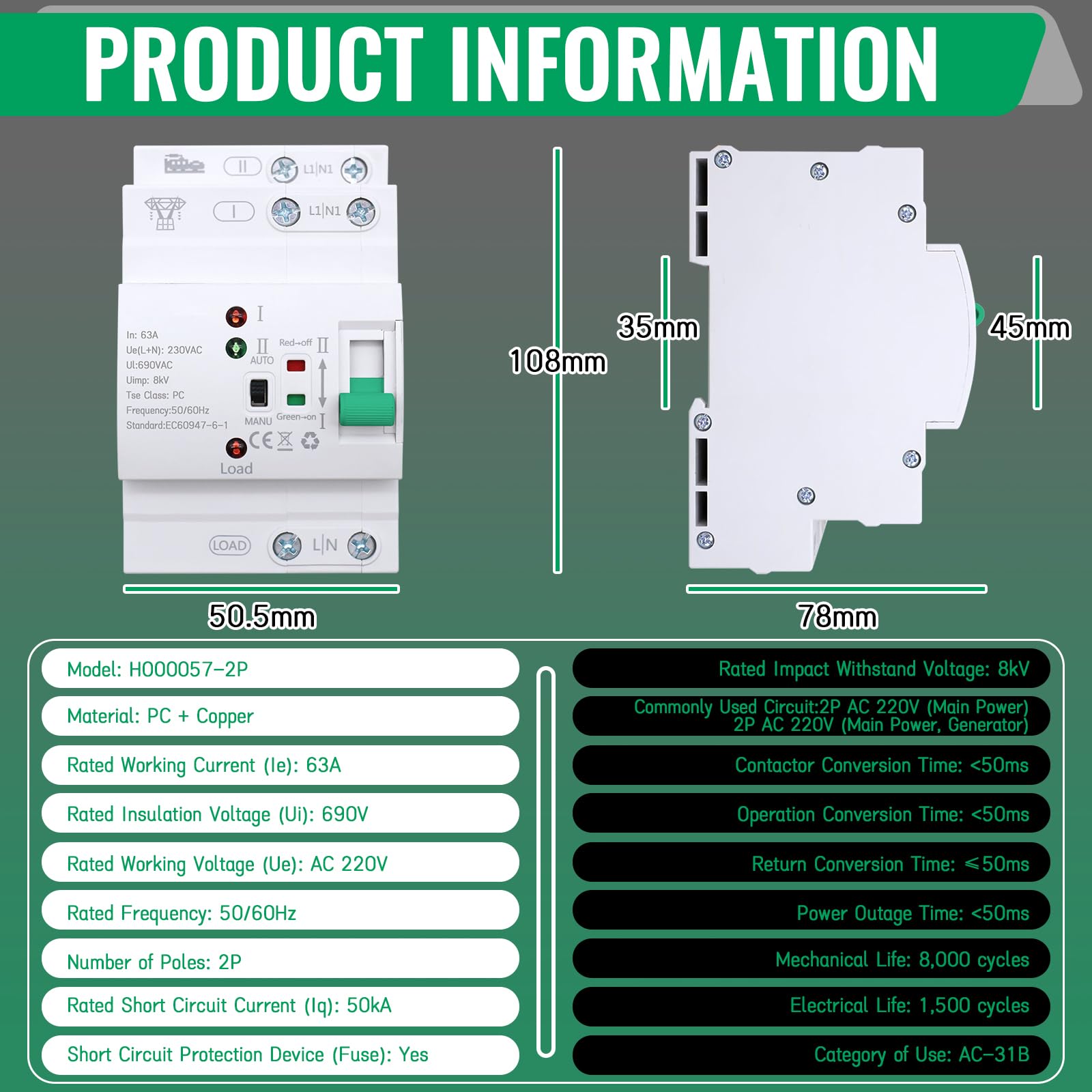 Automatischer Transferschalter, ATS 2P 63A 400V Transferschalter Hutschiene ATS, Dual Power Umschalter Hutschiene, Elektrischer Lastumschalter Für Dreiphasen-Stromversorgung