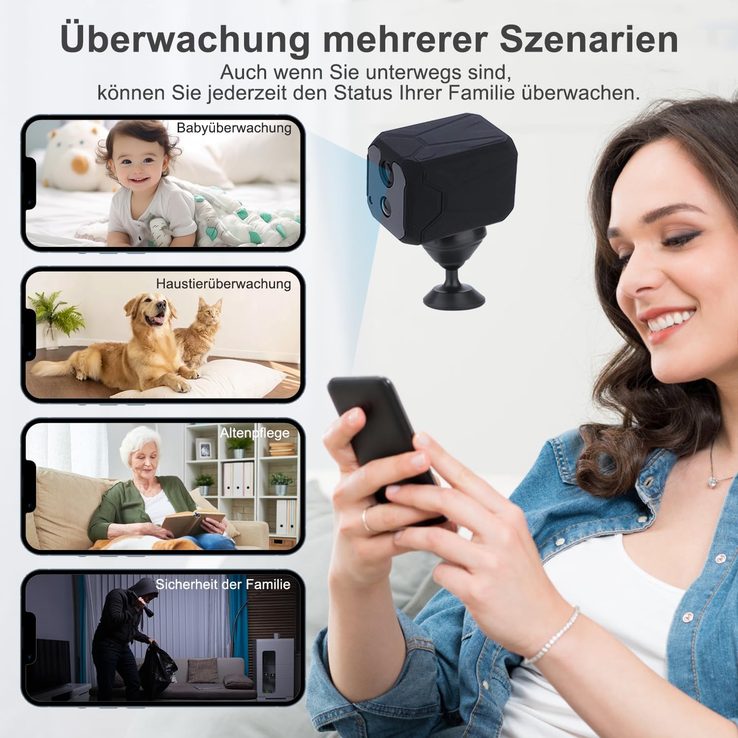 Mini Kamera 2.4 GHz WLAN Überwachungskamera Innen Akku mit Nachtsicht | Kameraüberwachung überwachung innen mit Bewegungserkennung Cloud &SD Speicher/Echtzeit-Video Kamera für Zuhause Haustier Baby