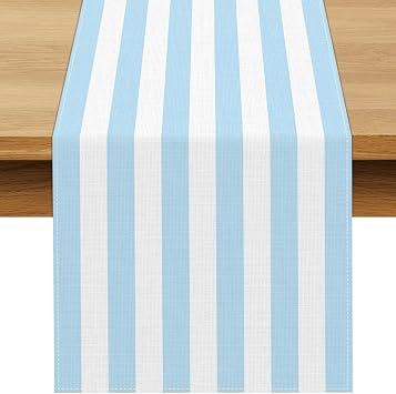 Light Blue and White Cabana Striped Table Runner Coastal Theme Wedding Party Decoration Birthday Baby Shower Dining Room Home Kitchen Table Decor 13" x 72"