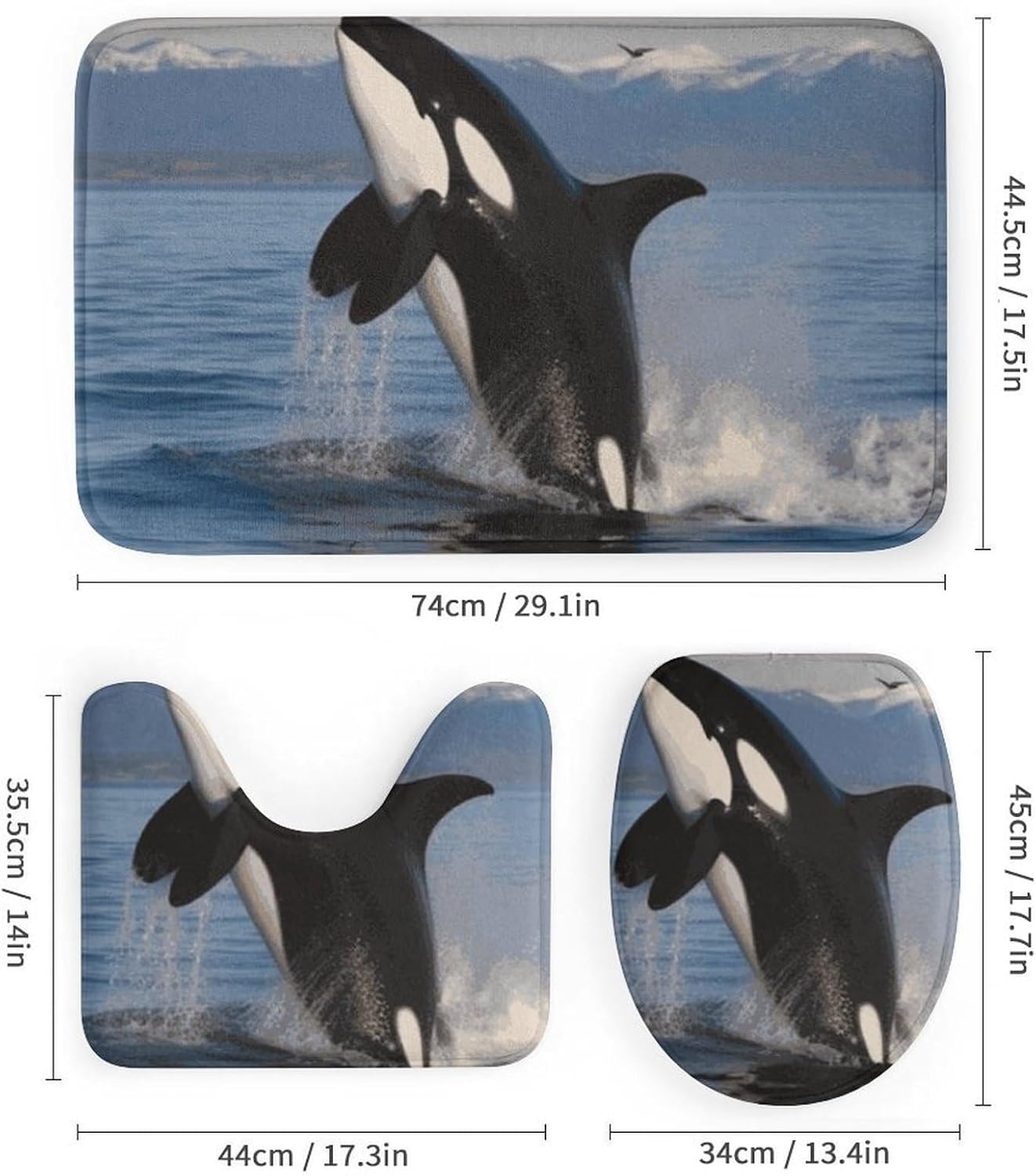4 Piece Bathroom Rug Set with Shower Curtain, Non-Slip Bath Mat Toilet Cover Set, Killer Whale Bathroom Rug Sets