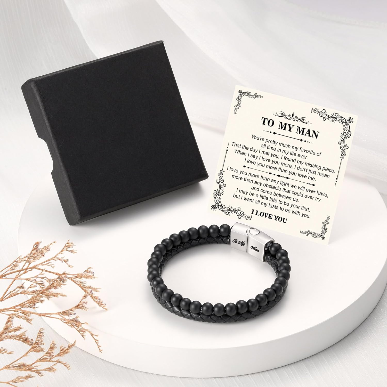 LUXEJEW Gifts for Men - Beaded Leather Bracelet 6mm Matte Agate Stone Bracelets for Men Dad Son Husband Boyfriend Grandpa Grandson Brother Uncle Nephew Adjustable Magnetic Clasp - Image 7