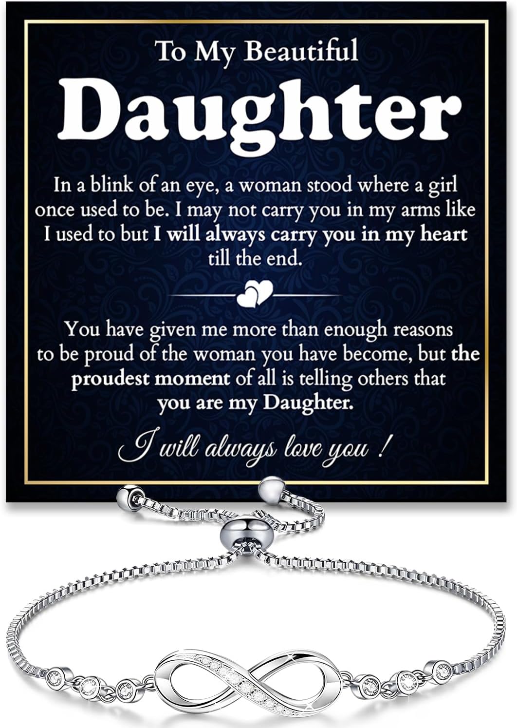 To My Daughter Bracelet, Daughter Infinity Heart Bracelet From Mom, Daughter's Jewelry Gift From Mom Or Dad With Message Card And Box Meaning, Graduation Gift, Birthday Christmas Gifts