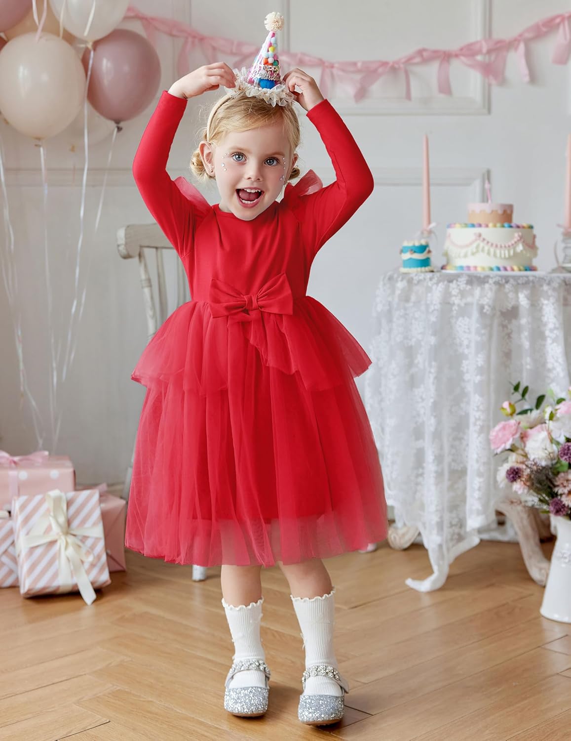 Arshiner Toddler Girls Tutu Dress Princess Tiered Tulle Long Sleeve Bowknot Birthday Party Dresses - Image 3