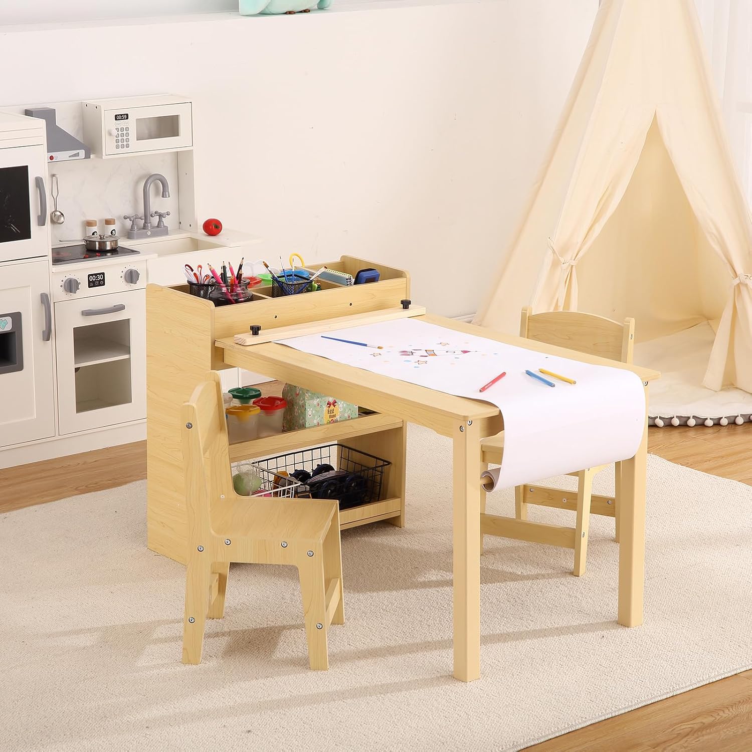 Kids Art Table, Toddler Craft Play Wood Activity Desk with 2 Chairs, Large Storage Shelves, Ideal for Writing & Drawing, Nursery, Classroom