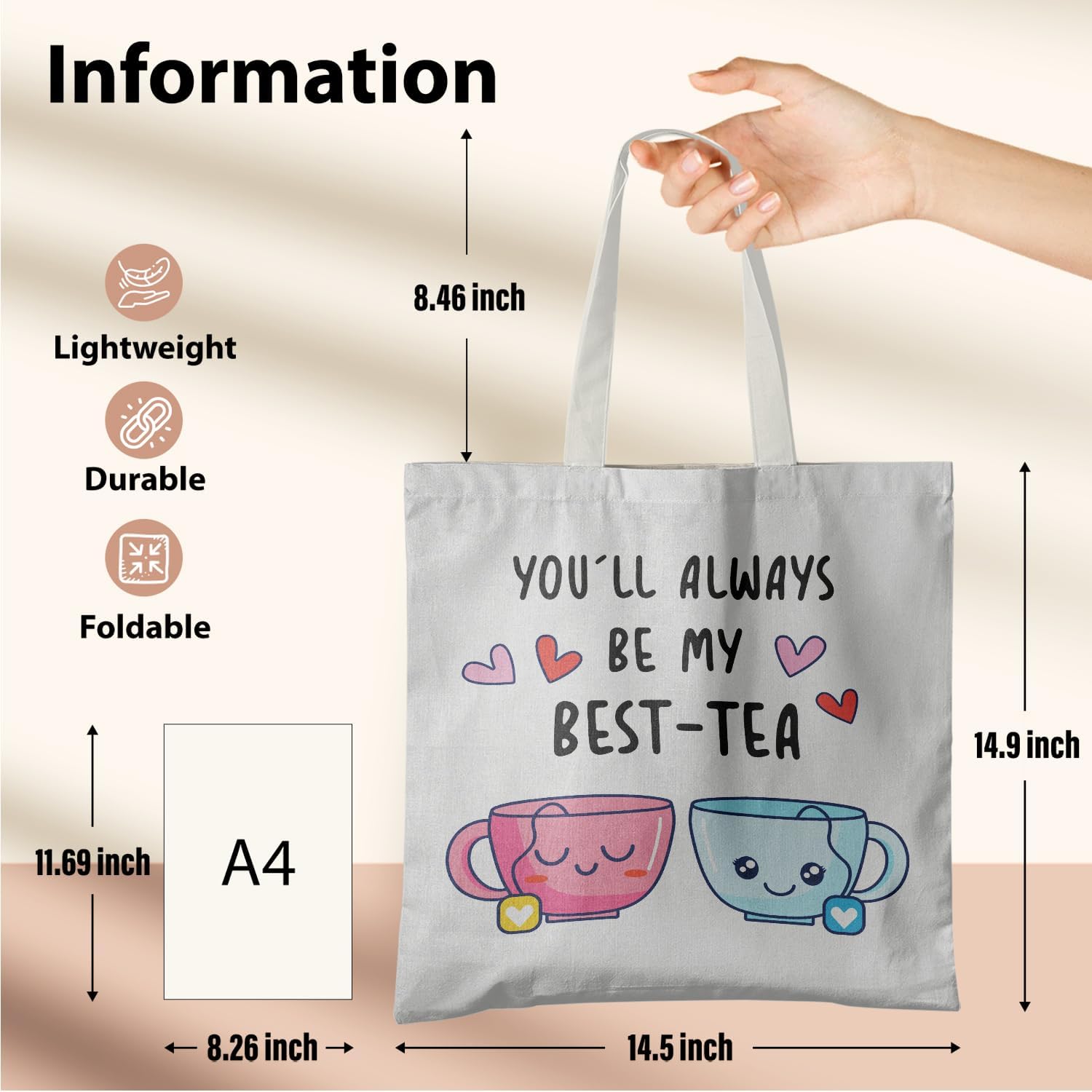 Funny Friend Bestie Canvas Tote Bag, You'll Always Be My Best Tea, Unisex-Adults, White, 15" x 13.3" 25.5", Cotton Blend, Machine Wash, Open Top, Slip Pocket - Image 6