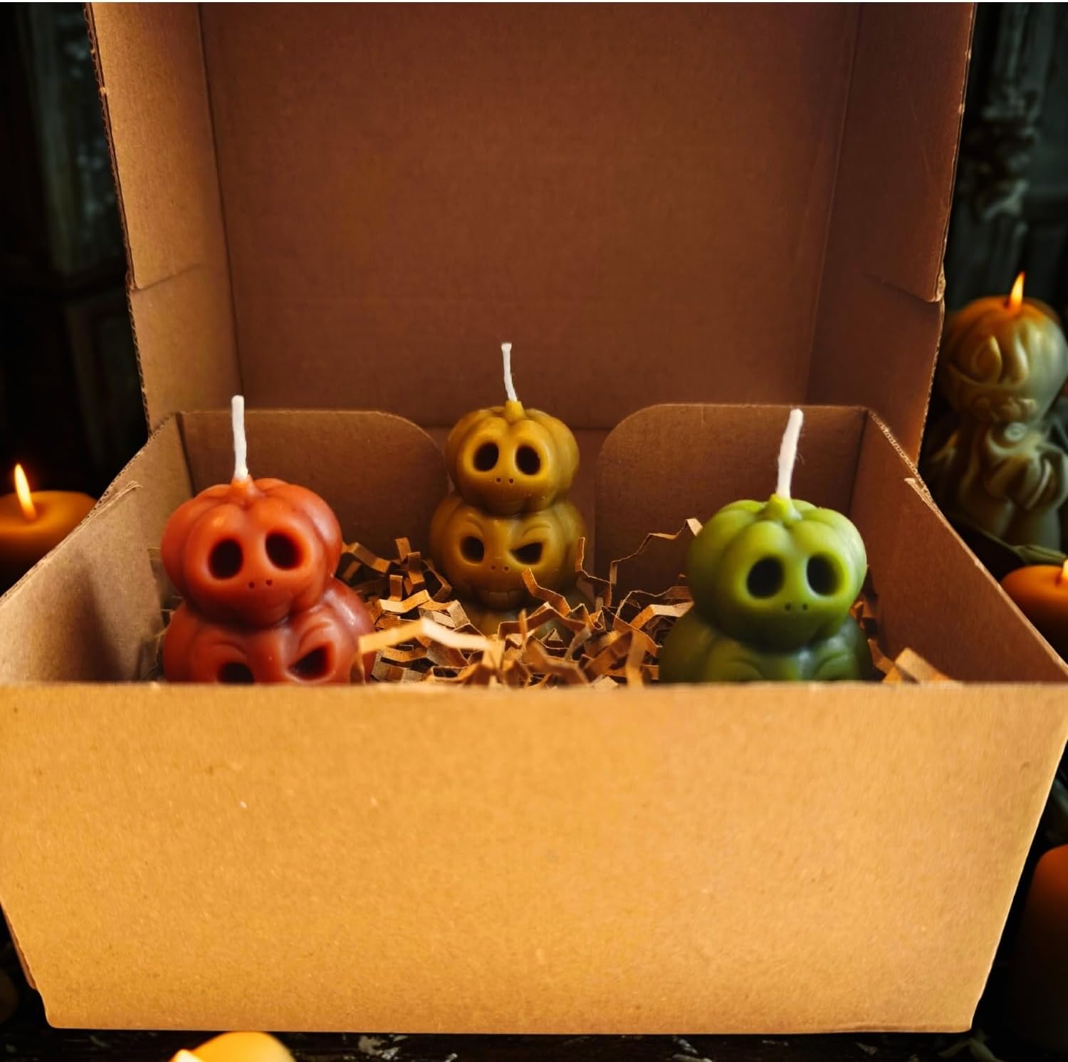 Beeswax Candles Set of 3 – Halloween Pumpkin Candles, Spooky Jack O’ Lantern Design, Handmade Fall Home Decor, Halloween Table Decoration & Gift