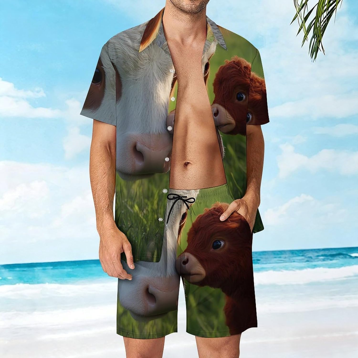 Cows Calfs on The Grass Men's Summer Beach 2 Piece Outfits | hawaiian button down shirt and shorts,vacation cruise,mens bathing suit