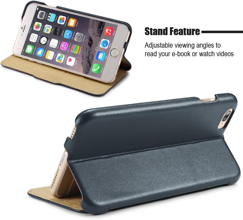 iPhone 8 Plus Case, Benuo [Luxury Series] [Genuine Leather] Folio Flip Corrected Grain Leather Case [Ultra Slim] [Magnetic Closure] with Built-in Stand for Apple iPhone 8 Plus / 7 Plus(Blue)