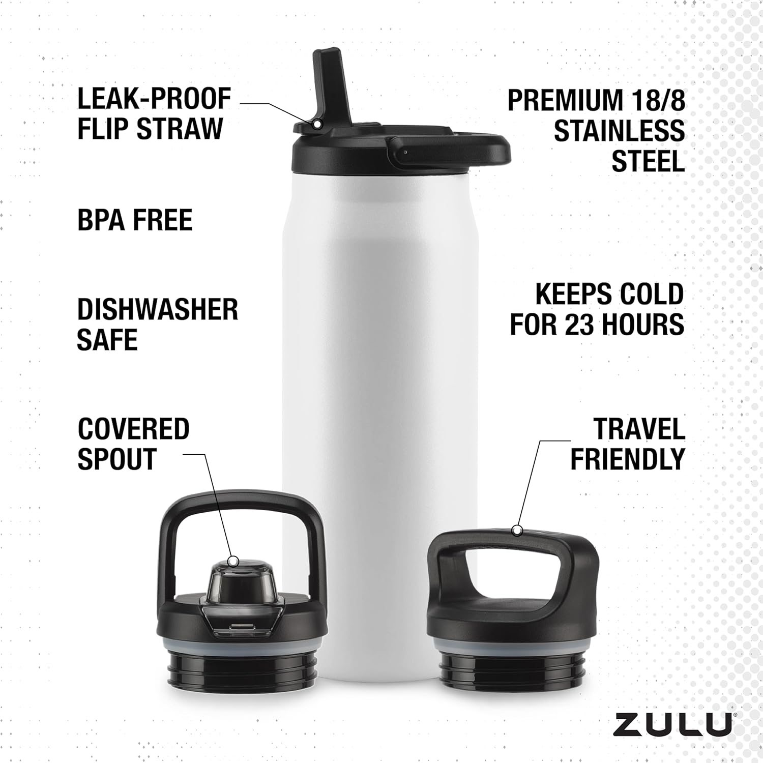 ZULU Base 32oz Stainless Steel Water Bottle with 3 Lids- Straw, Chug, Twist | Double Walled and Vacuum Insulated Metal Thermos | For Gym, Workout, Outdoor | Built in Carry Loop, Dishwasher Safe, White - Image 4