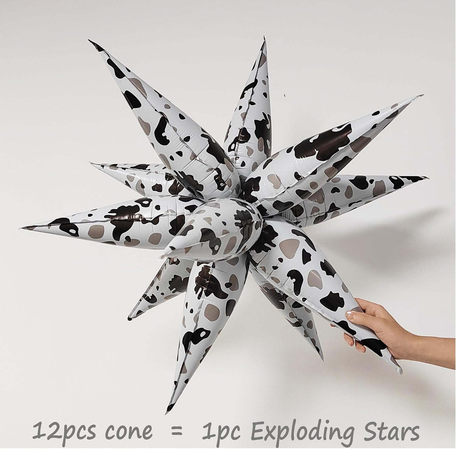 Cow Print Explosion Star Balloons 5 Pack 32'' DIY Foil Party Decoration, 12 Cones Assemble Star Burst Hanging Balloons for Western Cowboy Farm Theme, Birthday, Halloween, Graduation