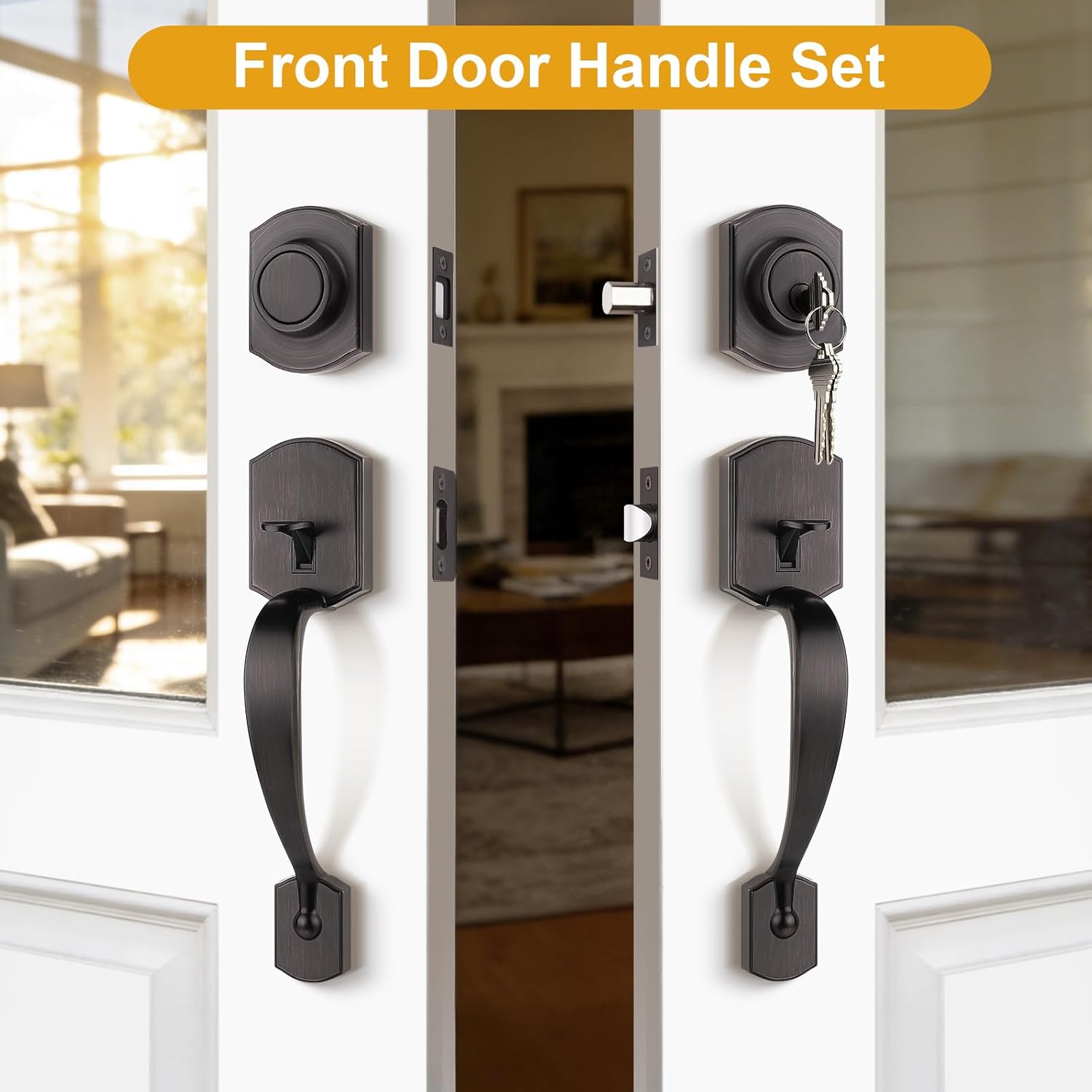 Probrico Double Door Handle Set with Keyed Deadbolt, Reversible Keyed Lockset and Dummy Handleset, Heavy Duty Zinc Alloy, Oil Rubbed Bronze, 1Pack