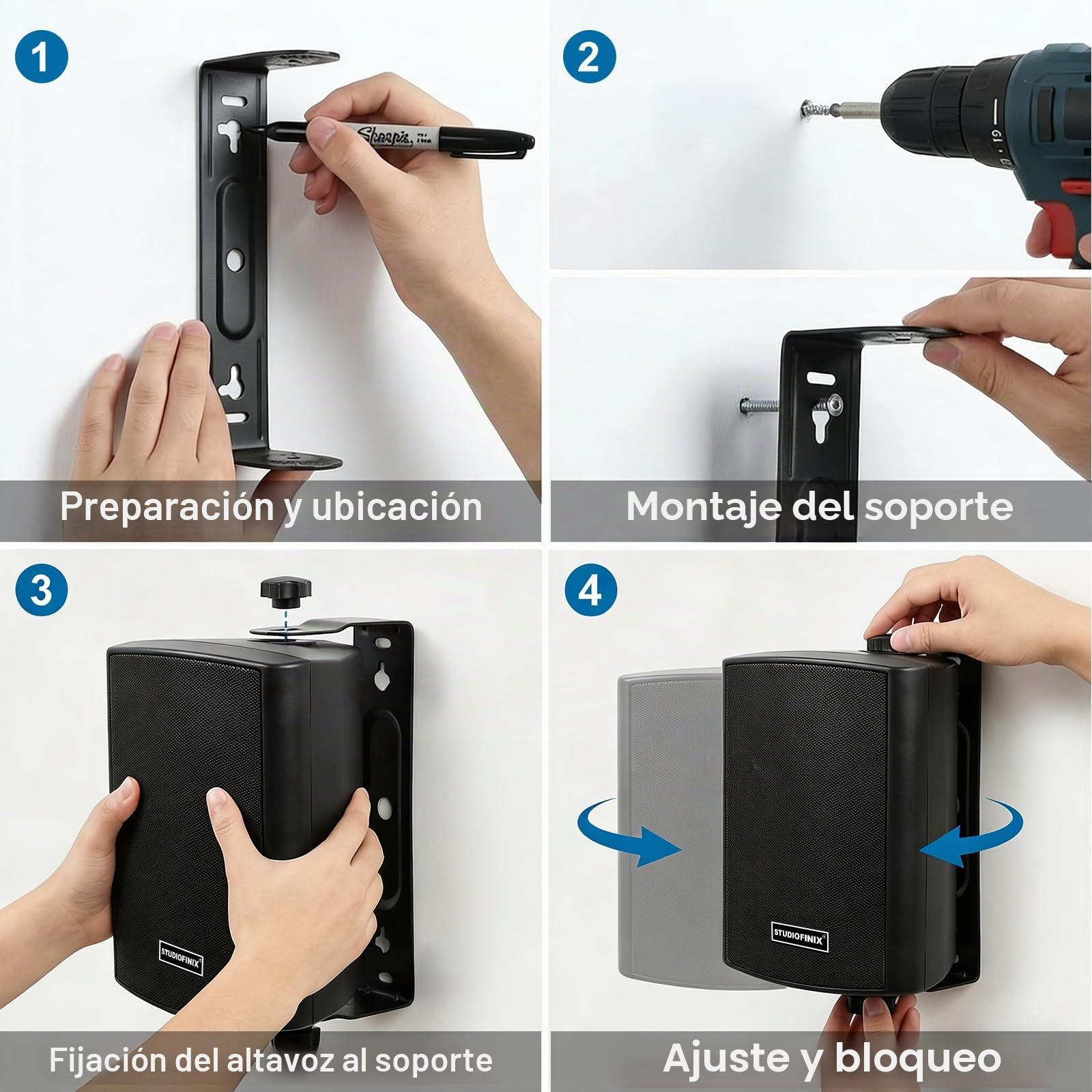 STUDIOFINIX Altavoces de Pared 6,25" 400W Bluetooth 5.1 Impermeables, sincronización inalámbrica con Mando IR, Interior/Exterior, Patio y Garaje (601BLE, Negro, Par)