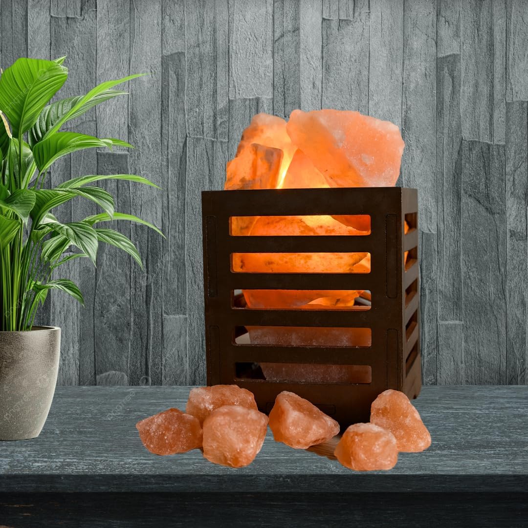 Himalayan Pink Salt Lamp with Wooden Om Symbol Base, Natural Salt Crystal, Warm Orange Light, 12x14x15 cm, Air Purifying Table Lamp, Modern Home Decor