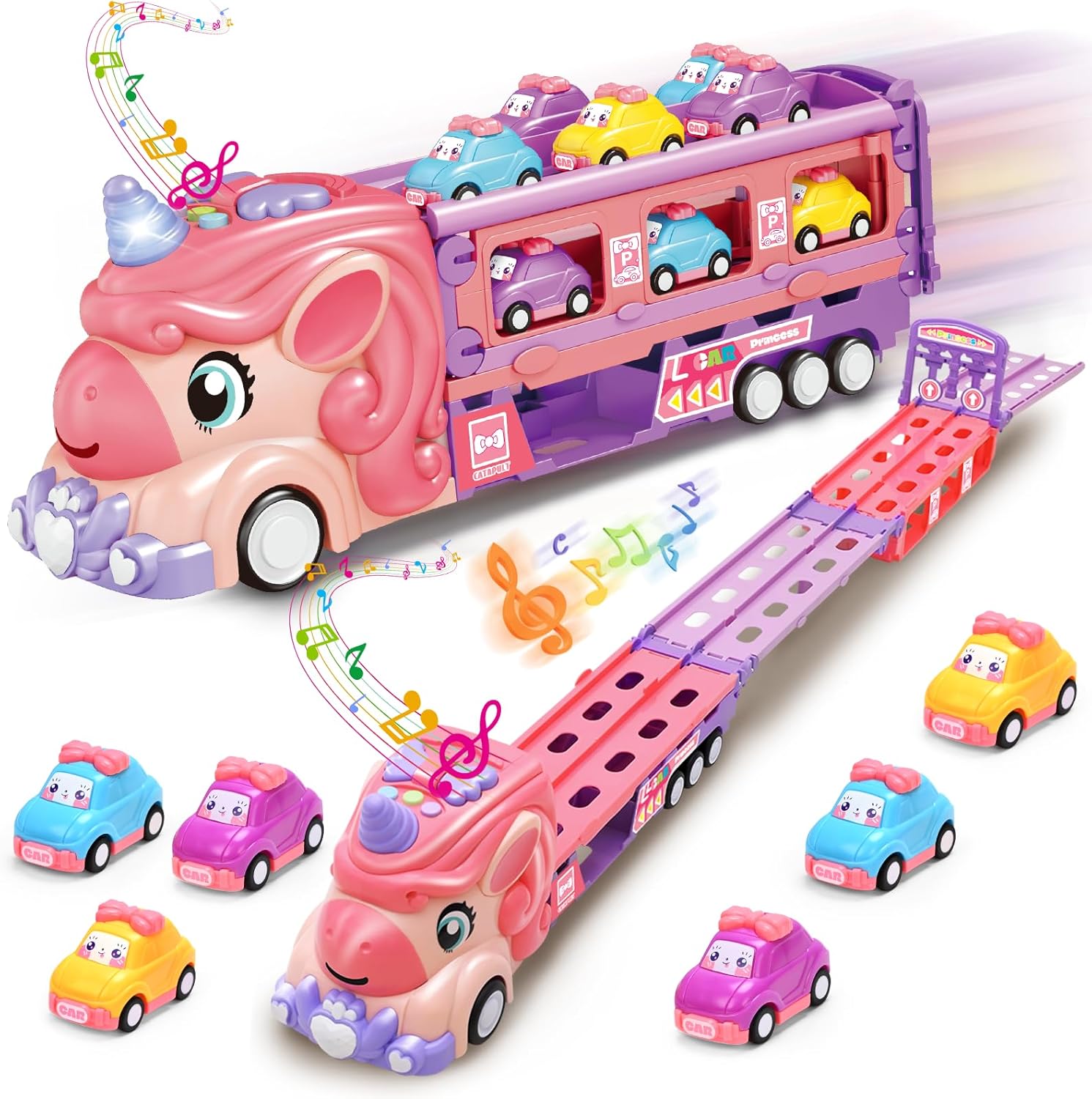 Car Toys for 3 4 5 6 7 Year Old Toddler Girl, Toys Truck & Foldable Race Track Car Toys with Light & Sound, Friction Power Car Toys for Kids Girls Age 3+