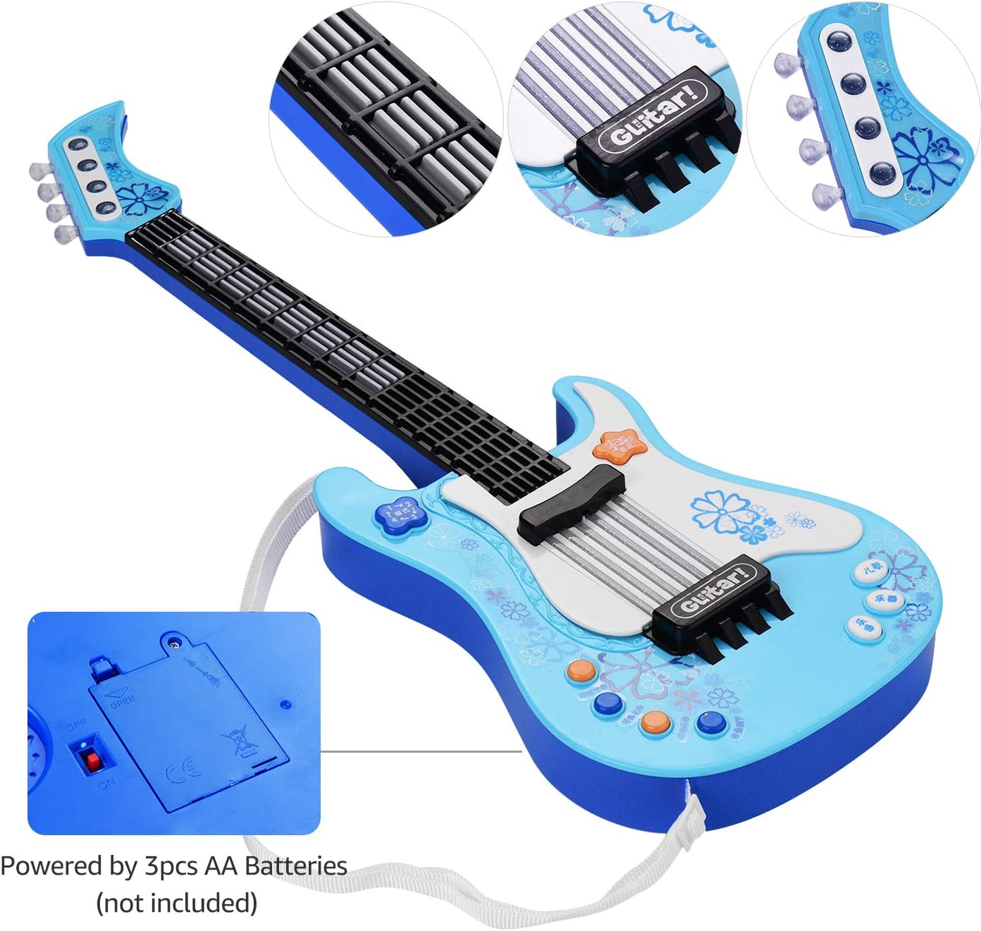 Little Guitar With Rhythm Lights and Sounds - Fun Educational Musical Instrument for Toddlers Boys and Girls - Blue Electric Guitar for Ages 3-5