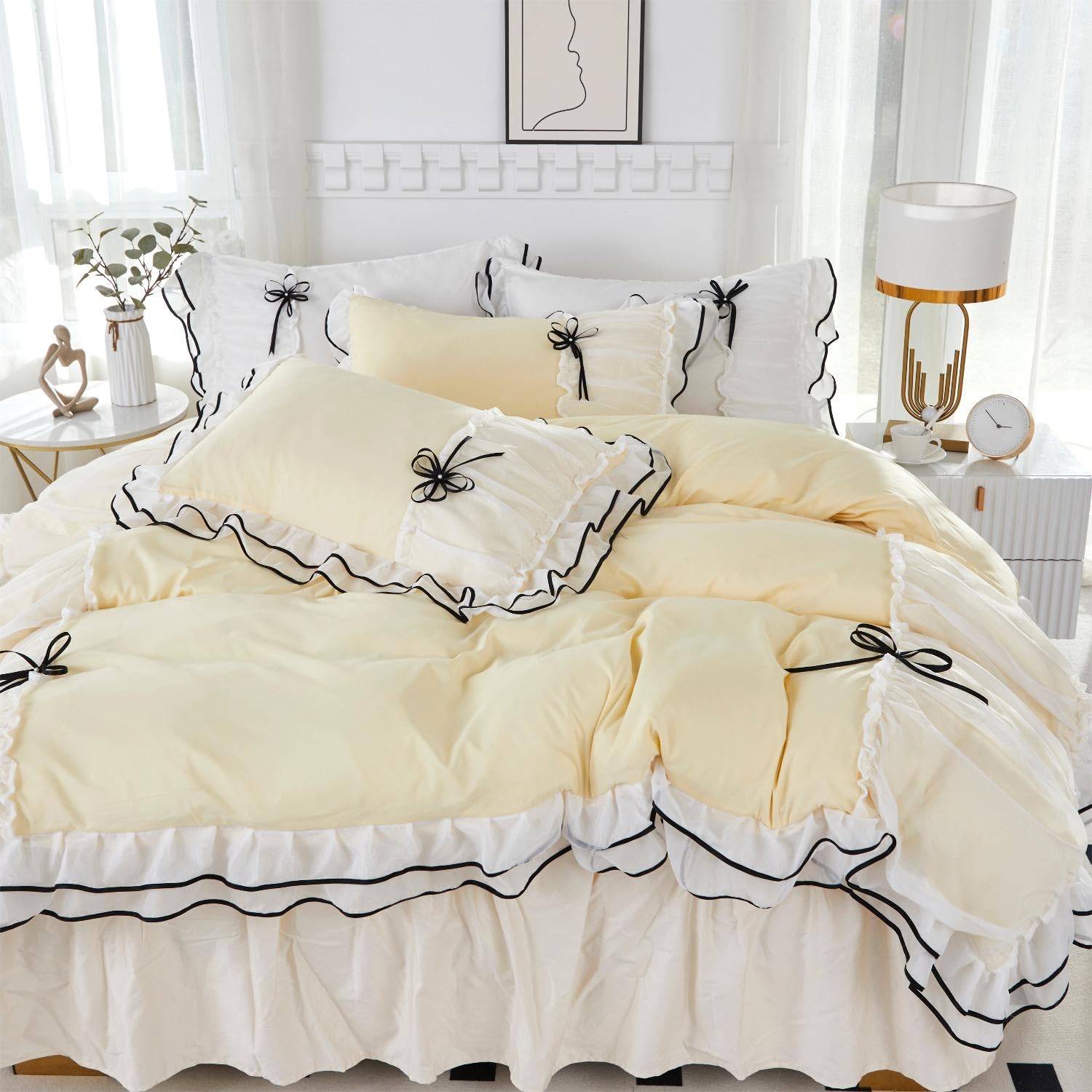 Lemfux Ruffle Kid Duvet Cover Queen Size Beddding Set with Bowtie 3 Pieces Comforter French Country Ruffled Duvet Cover 88