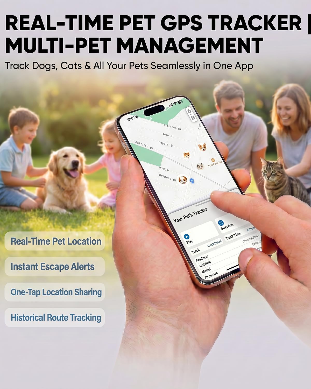 Traqueur GPS intelligent pour chiens, avec emplacement en temps réel, pour Android et iPhone, sans frais mensuels et sans carte SIM, avec support, étanche IP68, utilisation en intérieur et en