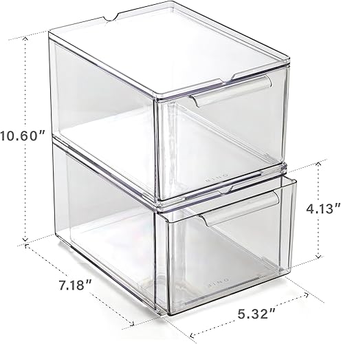 Miniatura 2 de BINO Cajones de almacenamiento apilables transparentes, medianos, paquete de 2, cajones de almacenamiento transparentes con asas integradas, cajón