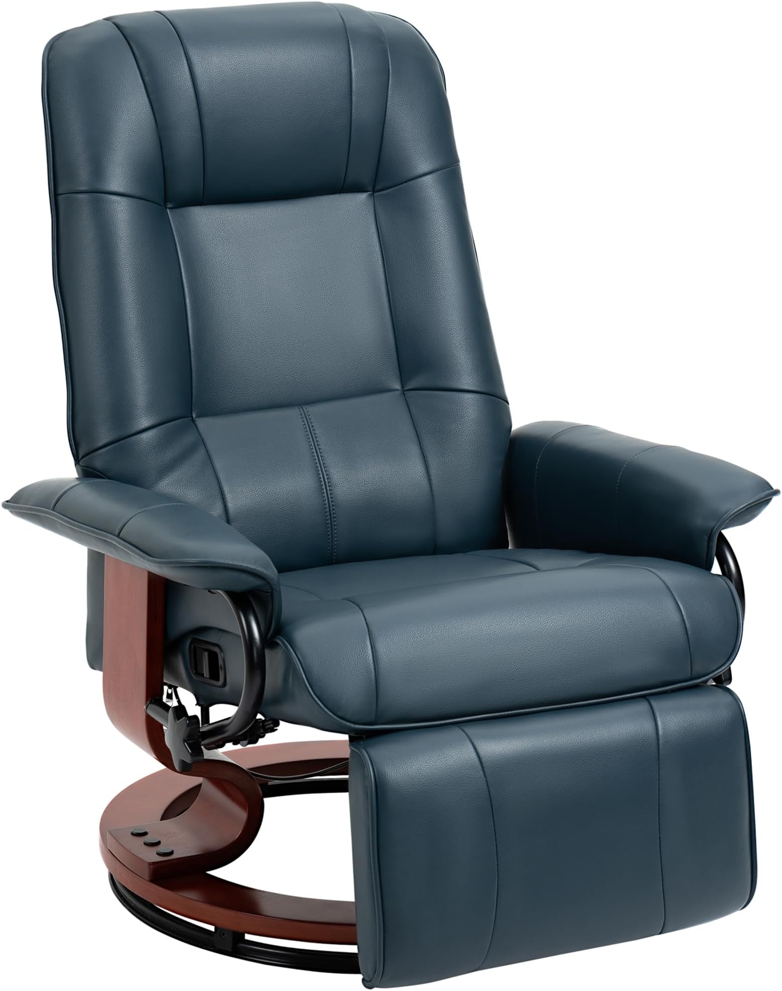 Swivel Recliner Chair, PU Leather Reclining Armchair with Retractable Footrest, Lounge Chair with Wood Base and Adjustable High Back for Small Spaces, Living Room, RV, Bedroom, Blue