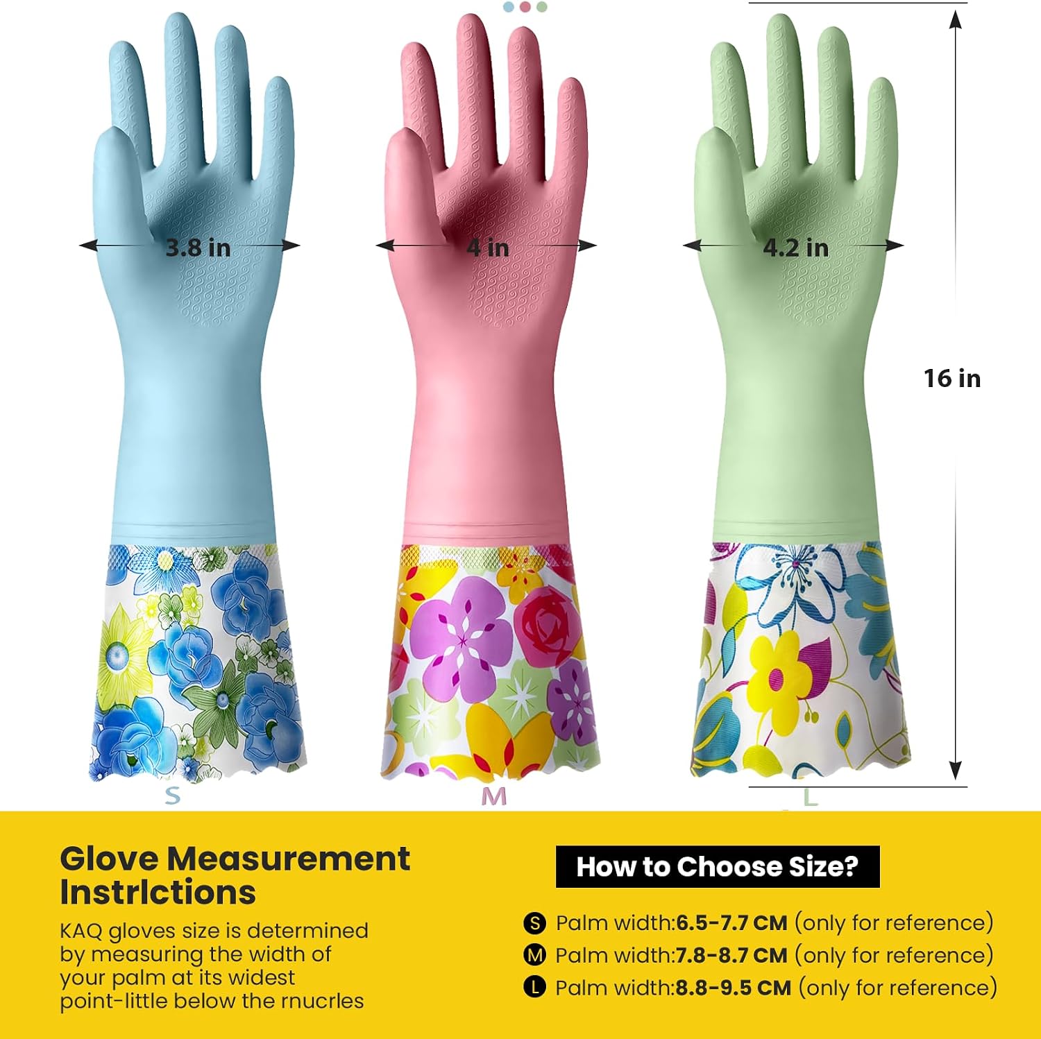 KAQ 3 Pairs Dishwashing Cleaning Gloves, Reusable Long Rubber Gloves with Cotton Lining, Latex Free Dish Washing Gloves, Water Resistant Household Glove for Kitchen Bathroom(Medium)