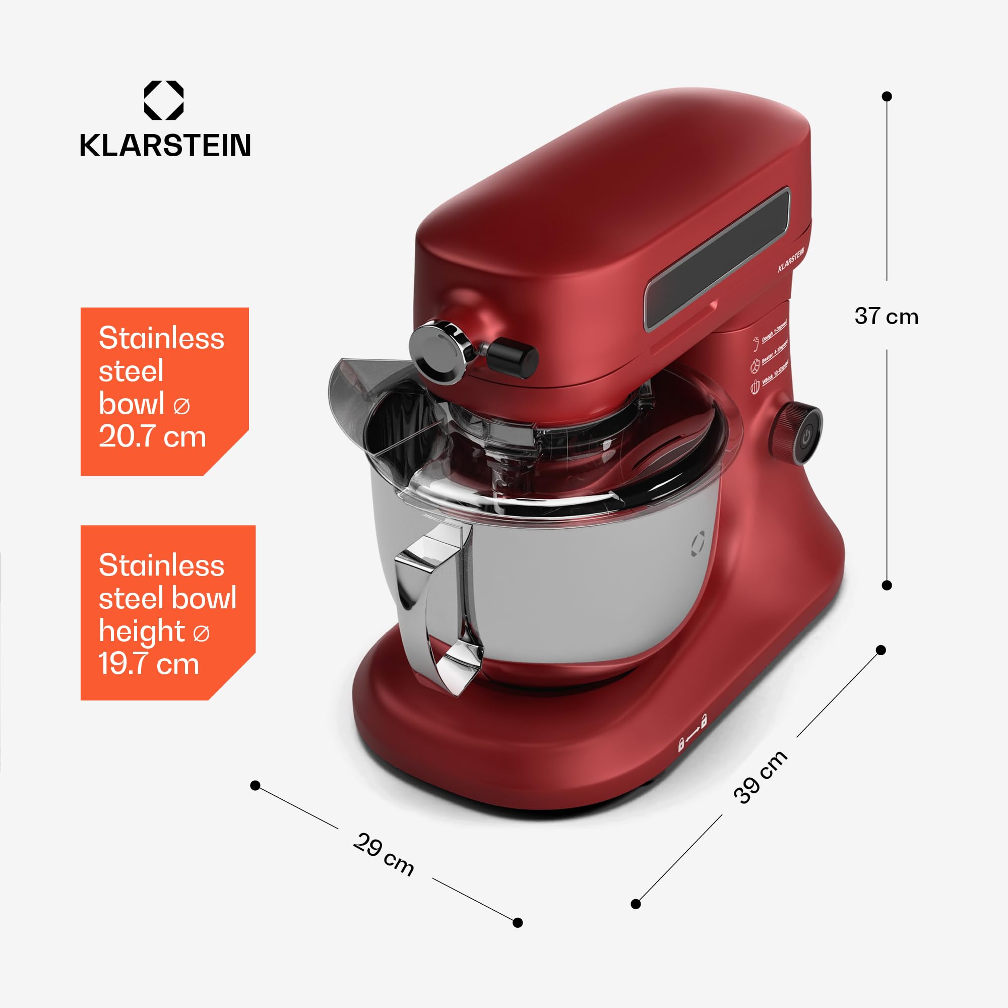Klarstein Chiara 1600W Robot kuchenny – Misa ze stali 5L, 12 prędkości, Wyświetlacz dotykowy LCD, Cichy ≤72 dB, Zestaw cukierniczy do zmywarki, Obudowa z odlewu aluminiowego, Czerwony
