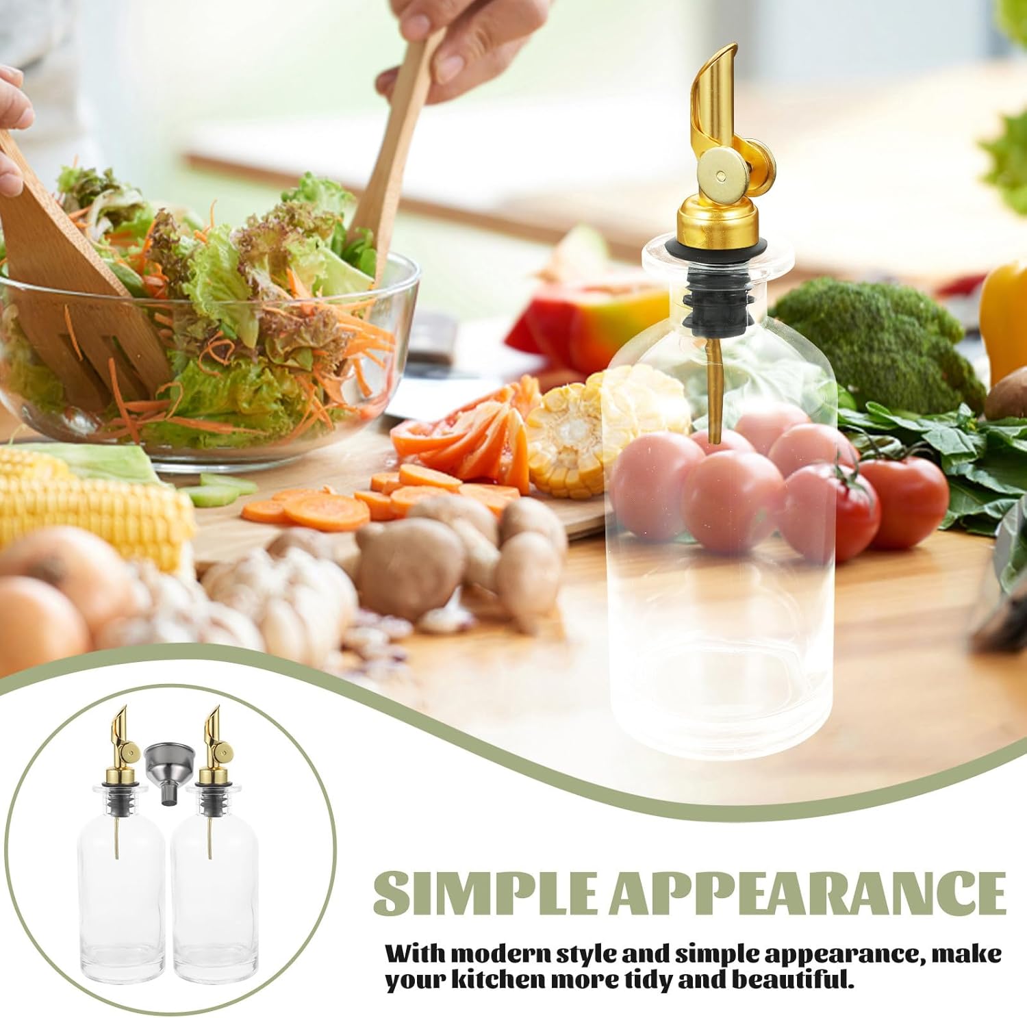Glass Olive Oil Dispenser Bottle with Pour Spout, Glass Oil Dispenser Bottle for Kitchen Cooking and Salad Dressing, 1-set Vinegar and Soy Sauce Container