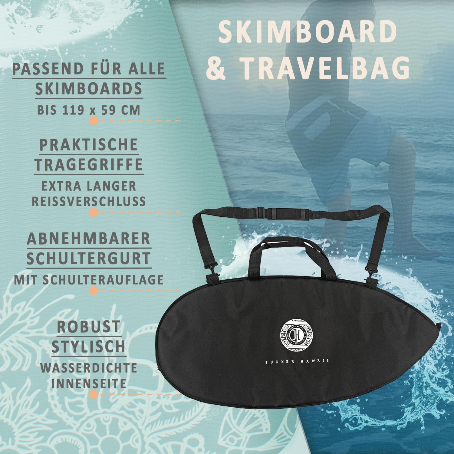 JUCKER HAWAII Skimboard Tasche für Skimboards bis 119 cm x 59 cm mit wasserdichter Innenseite und abnehmbarem Schultergurt, Skimboard & Travelbag mit Tragkraft bis 15 kg
