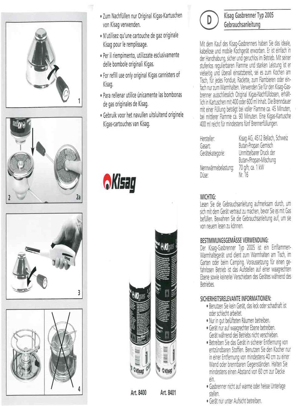 Kisag Brûleur à gaz de sécurité 8431 - 1,1 kW - Puissant brûleur à fondue en acier inoxydable noir