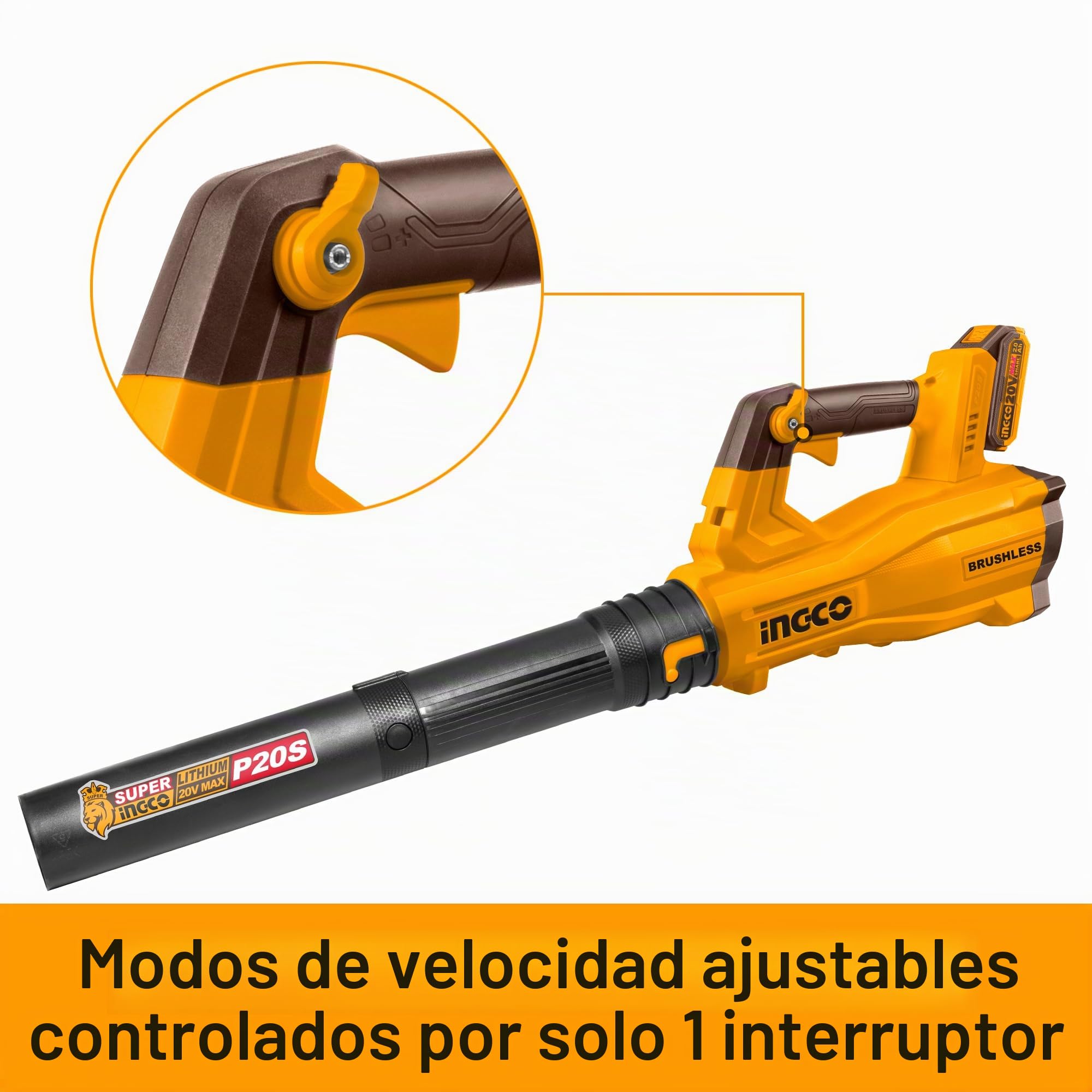 INGCO Soplador de hojas sin escobillas de 20 V (solo cuerpo), barredora de hojas de mano inalámbrica, velocidad máxima del aire 144 km/h, 18500 RPM para el cuidado del césped, polvo, limpieza de malas