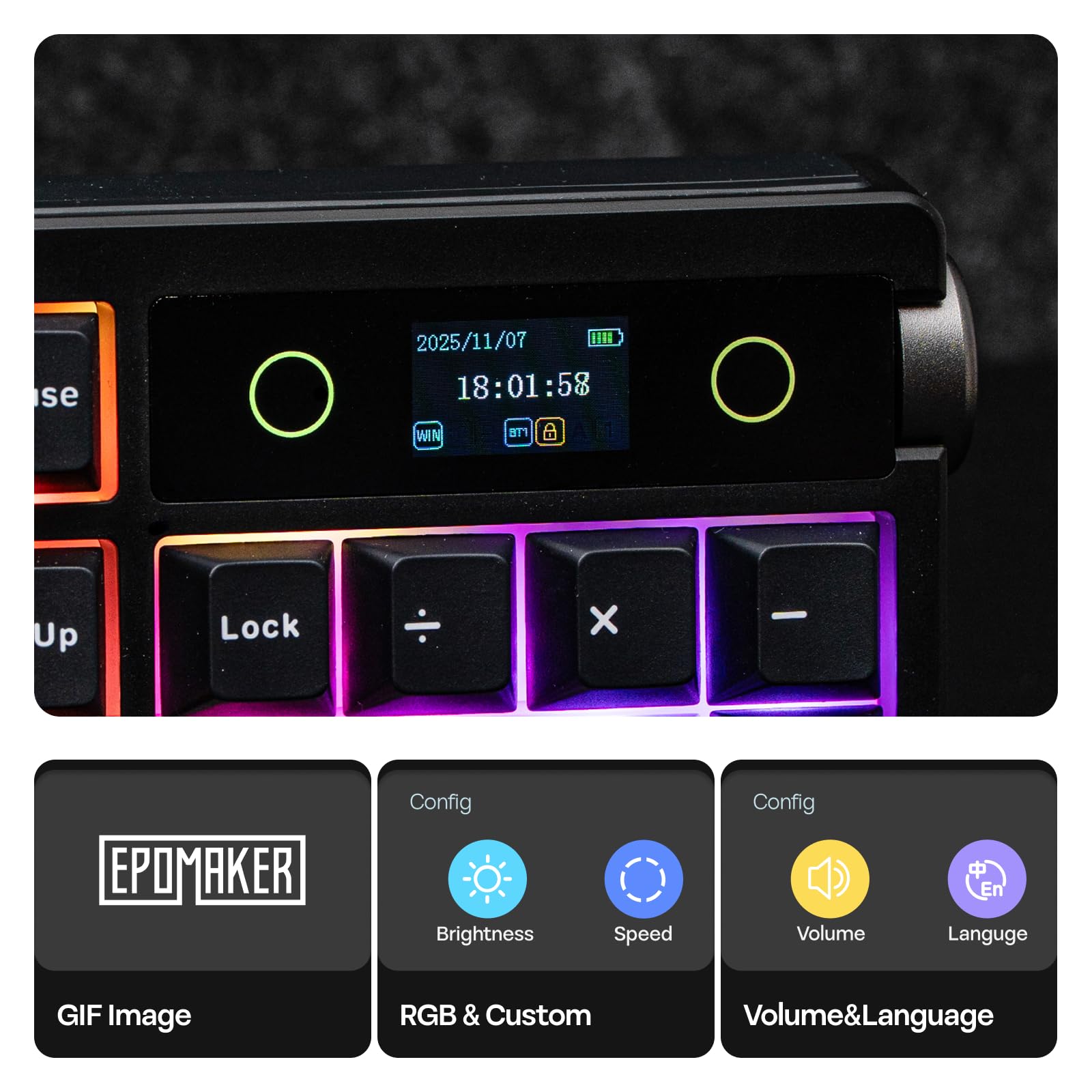 EPOMAKER TH108 Pro Teclado Mecánico Inalámbrico para Juegos de Tamaño Completo con Pantalla y Perilla, 10000mAh, Gasket Cremosa, Hot Swap, Controlador Personalizado, RGB (Negro, Sea Salt Silent) - 4