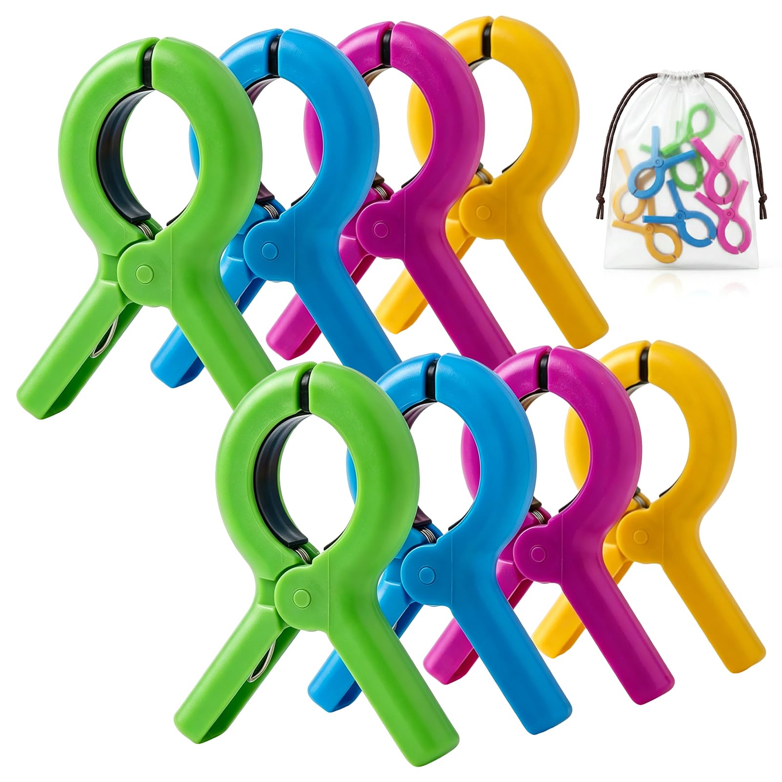 8 Pcs Beach Towel Clips Colorful Towel Clips for Sun Loungers, Towels, Pool Chairs, Laundry, Garden or Deck Chair, with Drawstring Organizer, 4 Colors